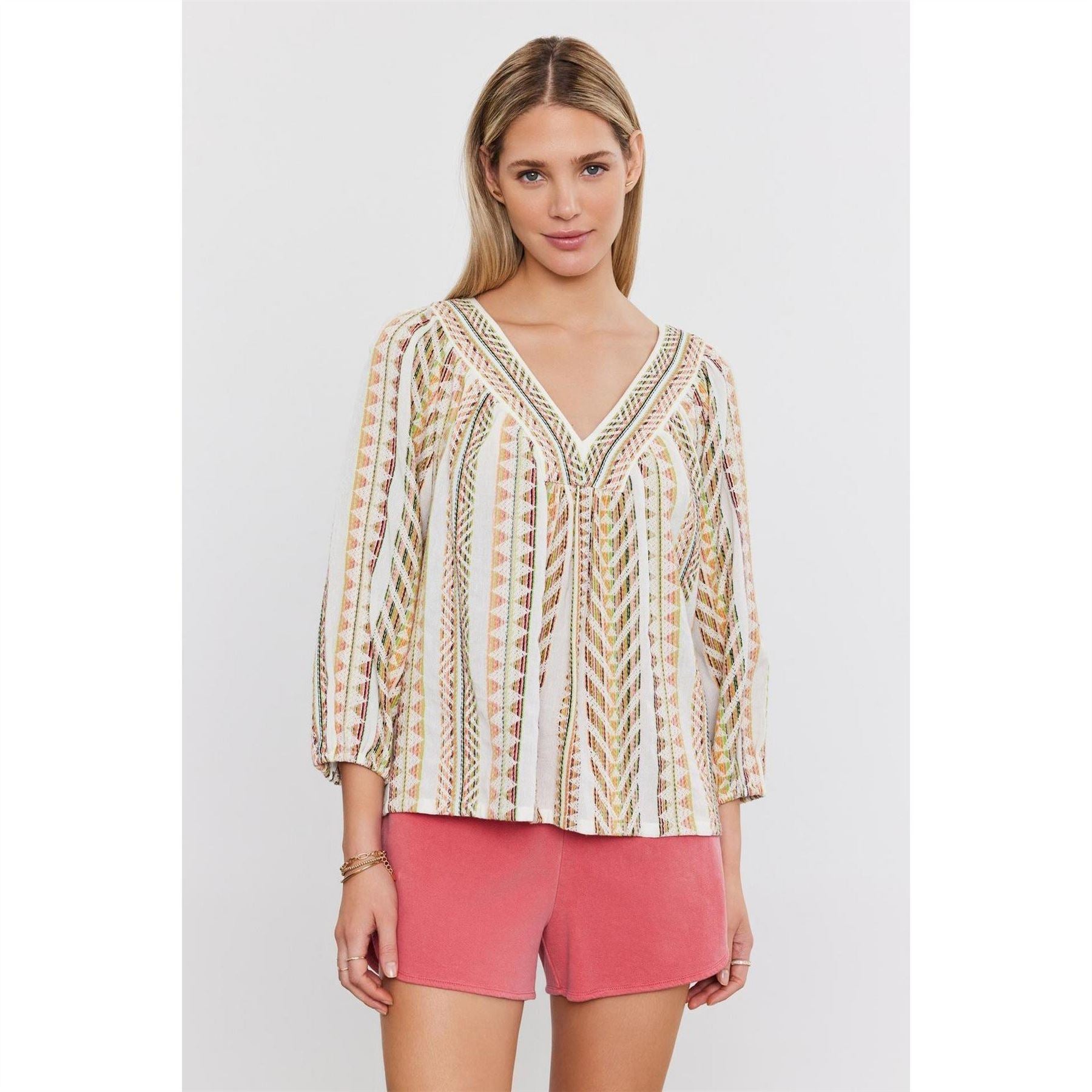 Velvet by Graham and Spencer Embroidered Peasant Sleeve V-Neck Blouse