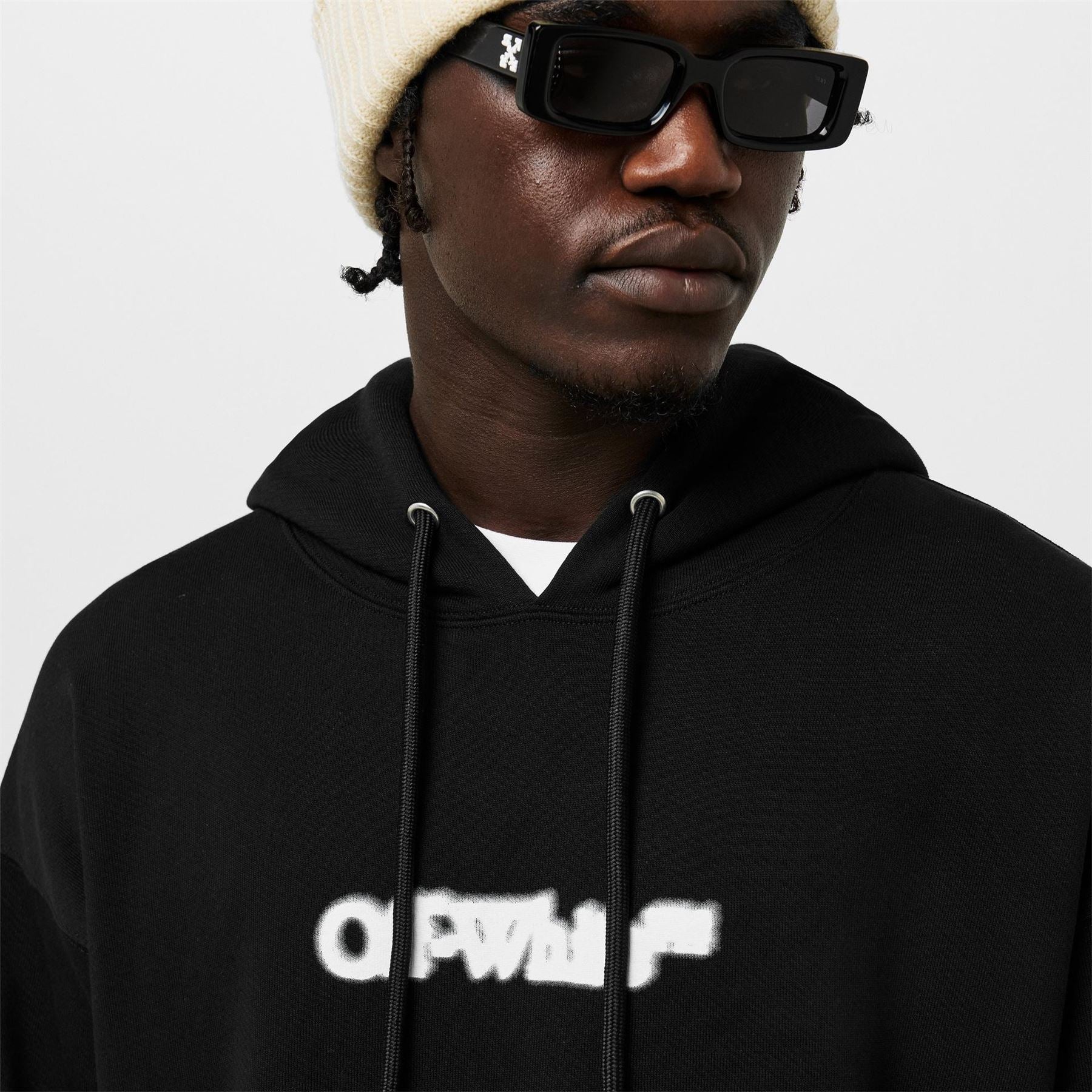 Off White Lettering Hooded Neck Drop Shoulder Sweatshirt