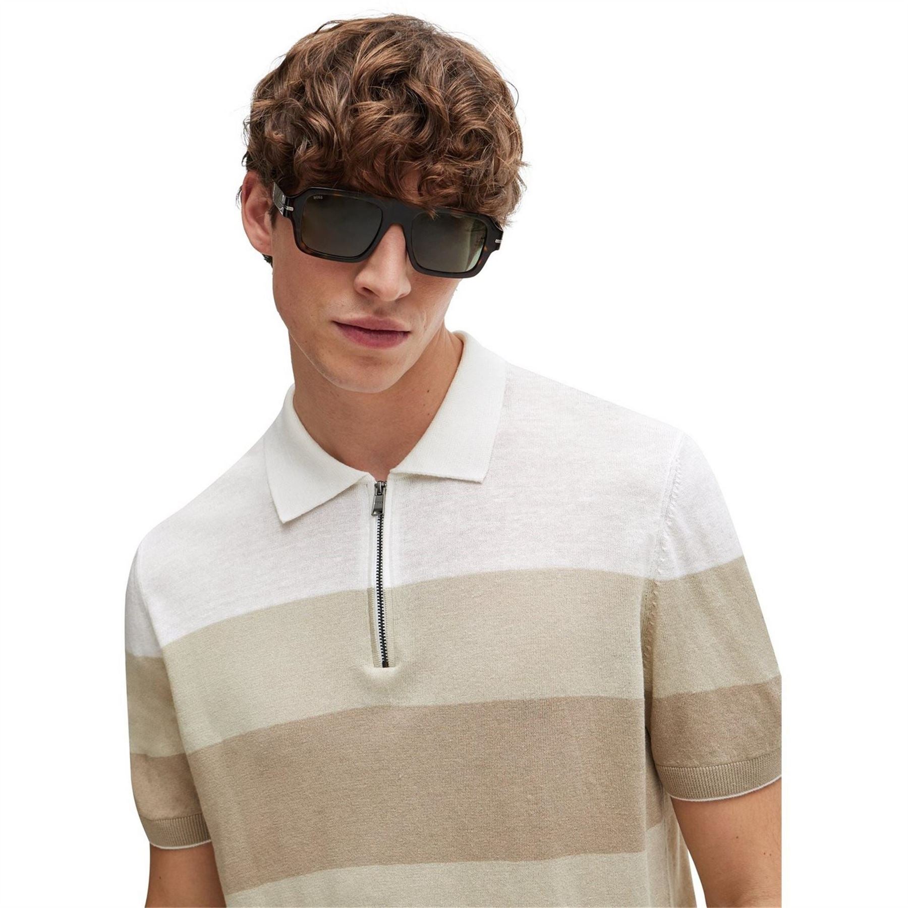 Boss Zip Neck Collared Short Sleeve Shirt