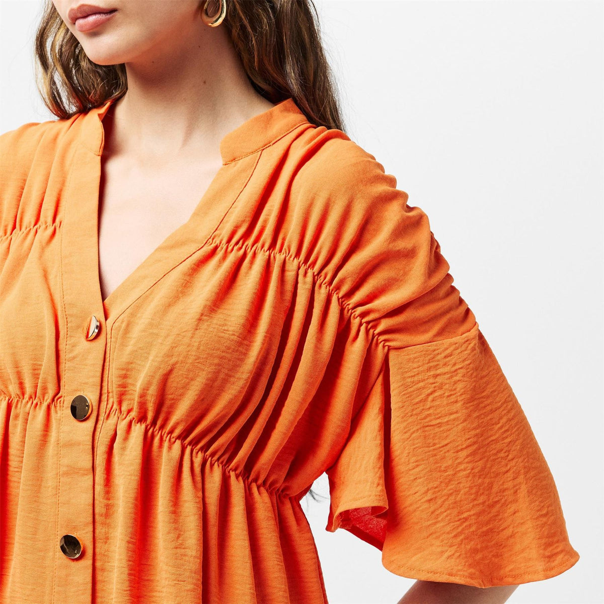 AX Paris Button Up Ruched Detail Smock V Neck Top