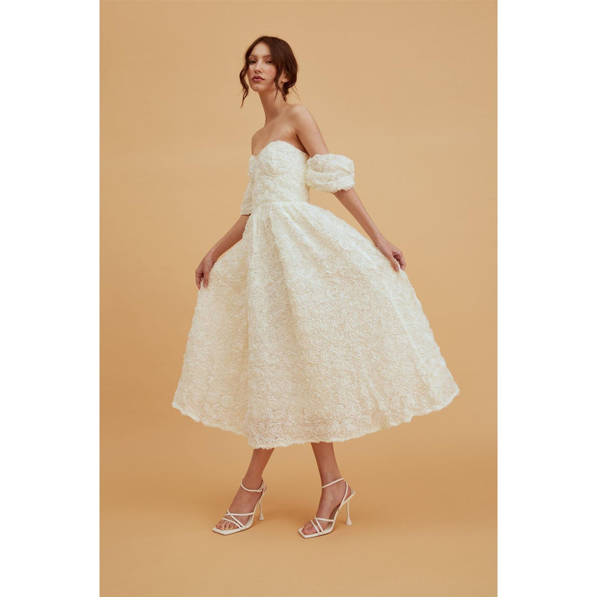True Decadence Cream Bardot Bust Cup Midi Dress
