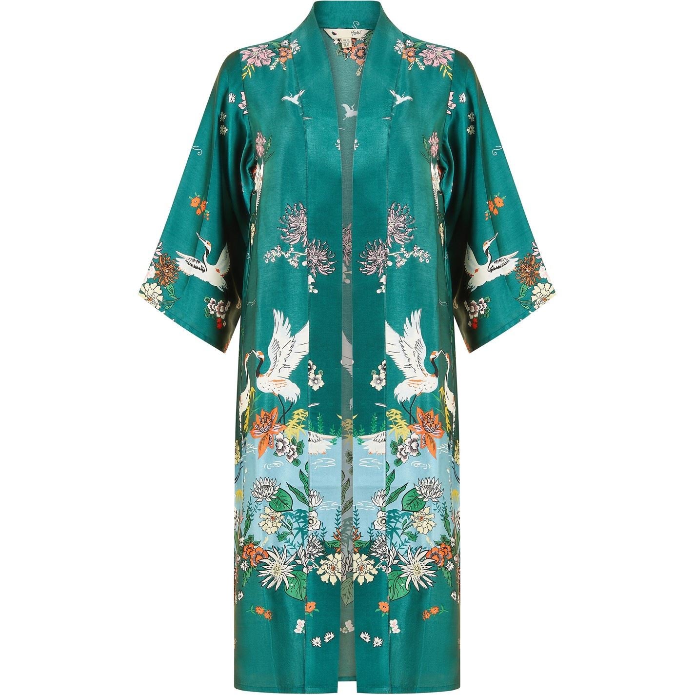 Yumi Satin Crane Border Kimono