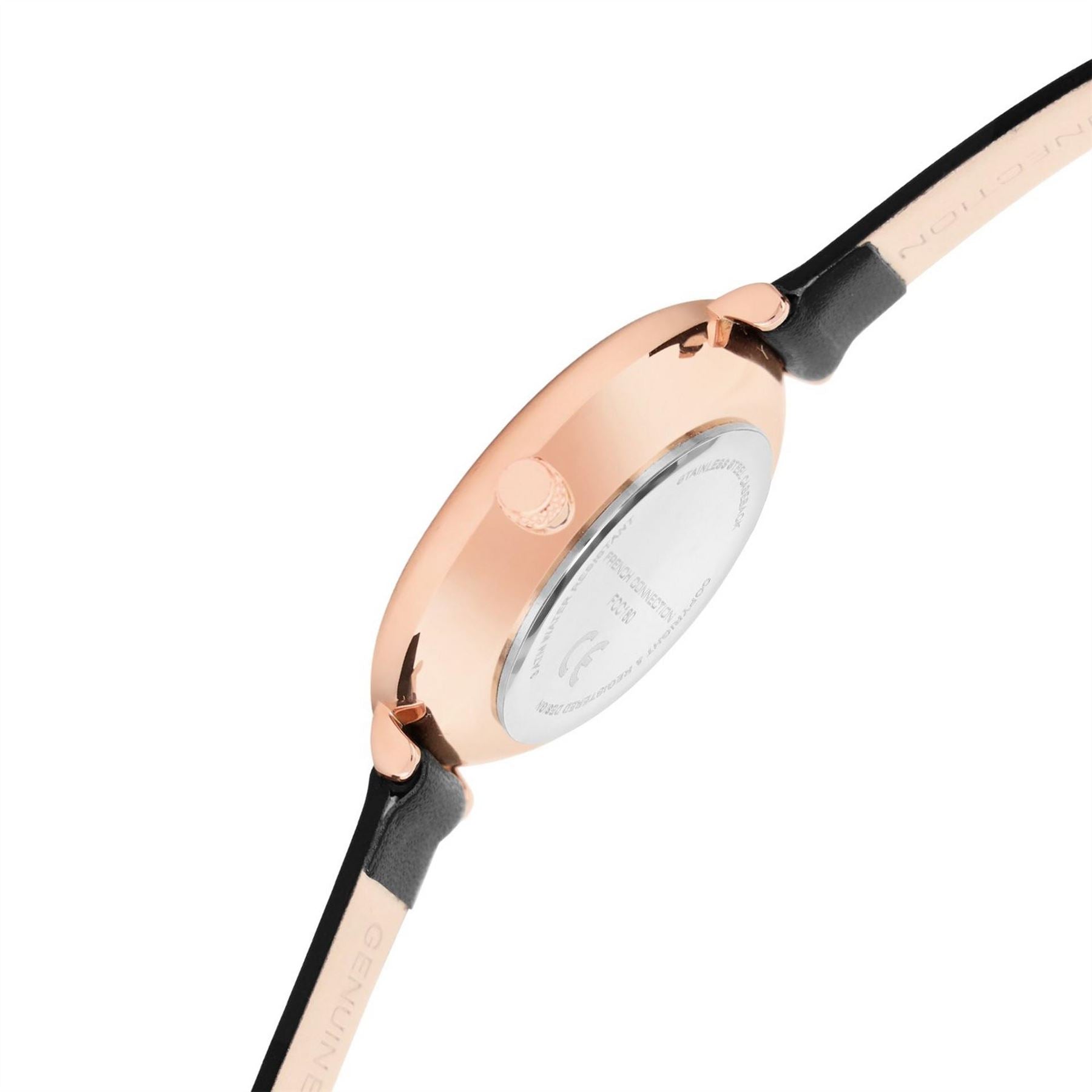 French Connection Connection Rose Case Round Shape Black Strap Quartz Watch