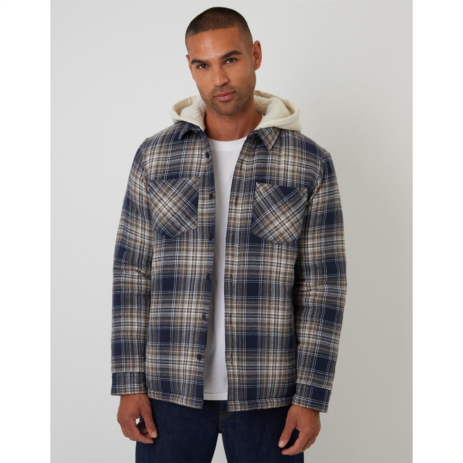 Threadbare Scotch Plaid Patterned Hooded Shirt Jacket with Chest Pocket