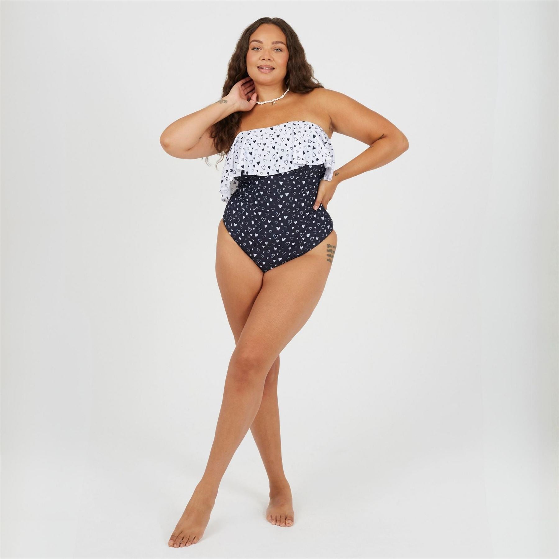 Brave Soul Womens Plus Size One Piece Bardot Swimsuit With Frill Detail