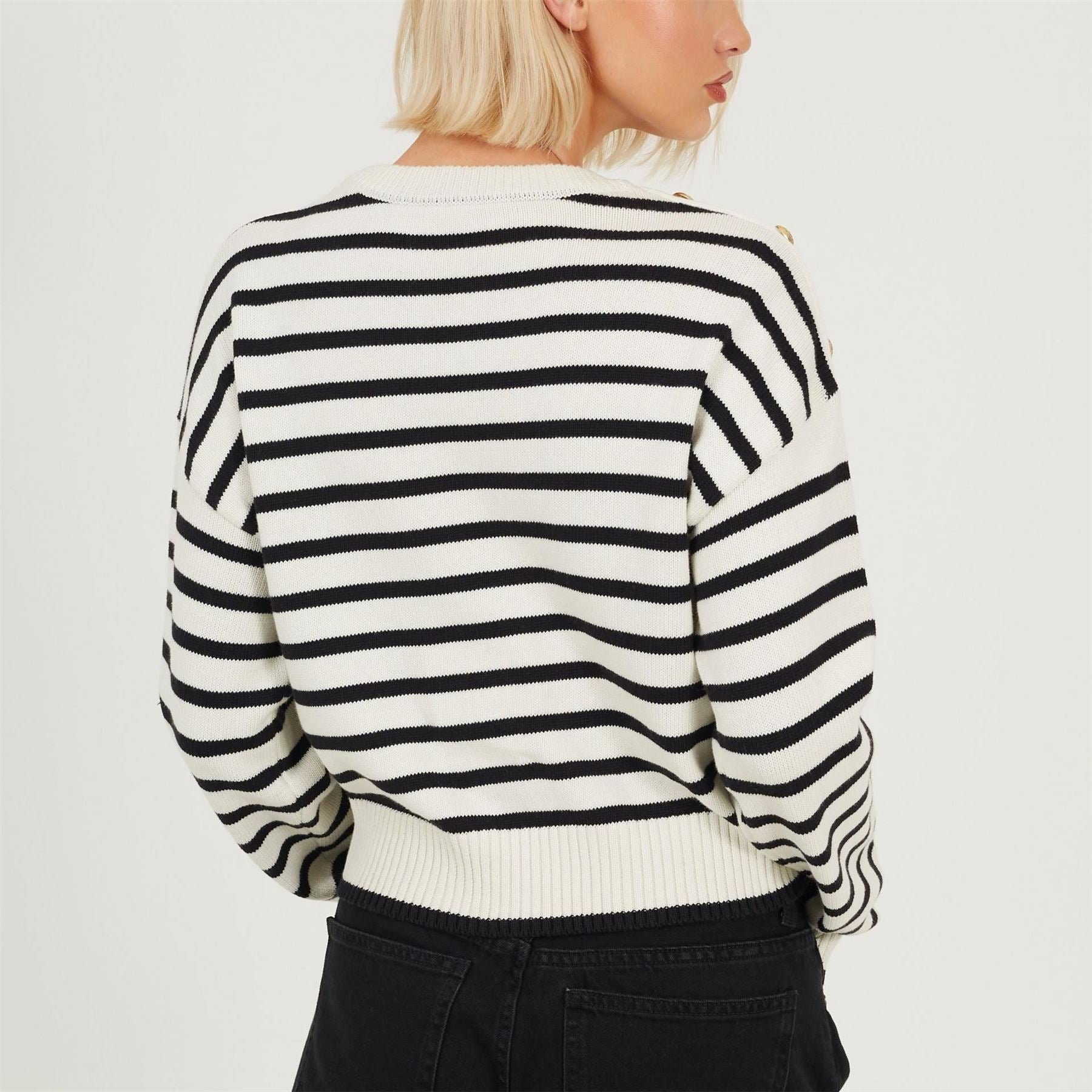 Brave Soul Boxy Crew Neck Striped Jumper With Shoulder Button Detail