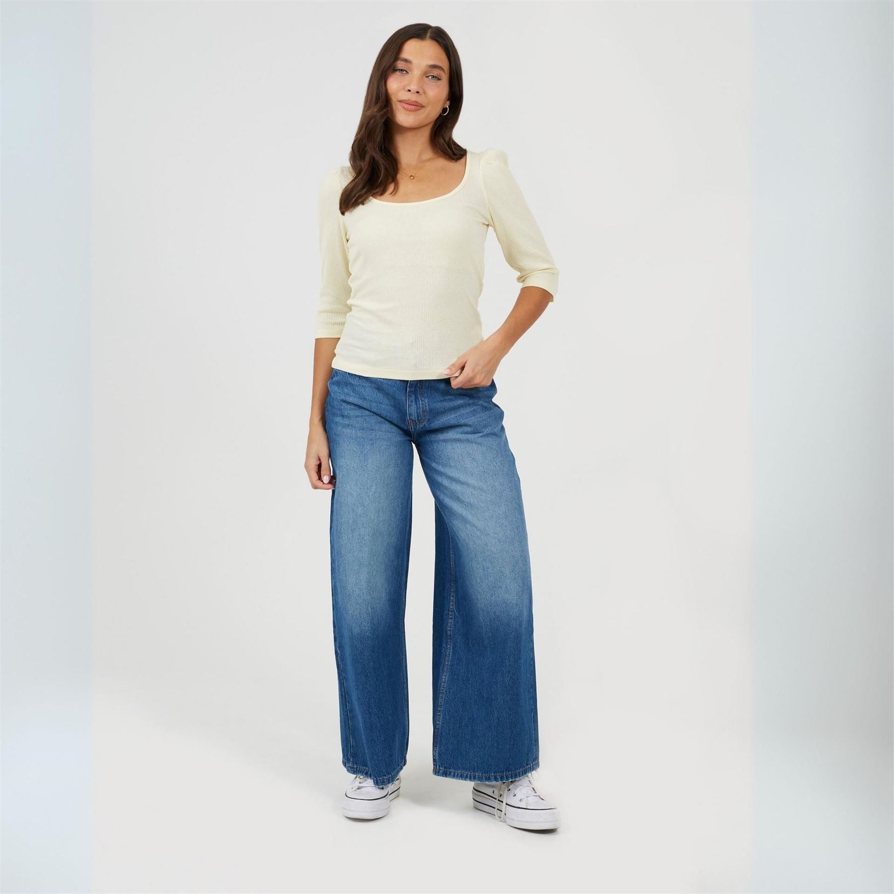Brave Soul Square Neck Puff Sleeve Three Quarter T-Shirt