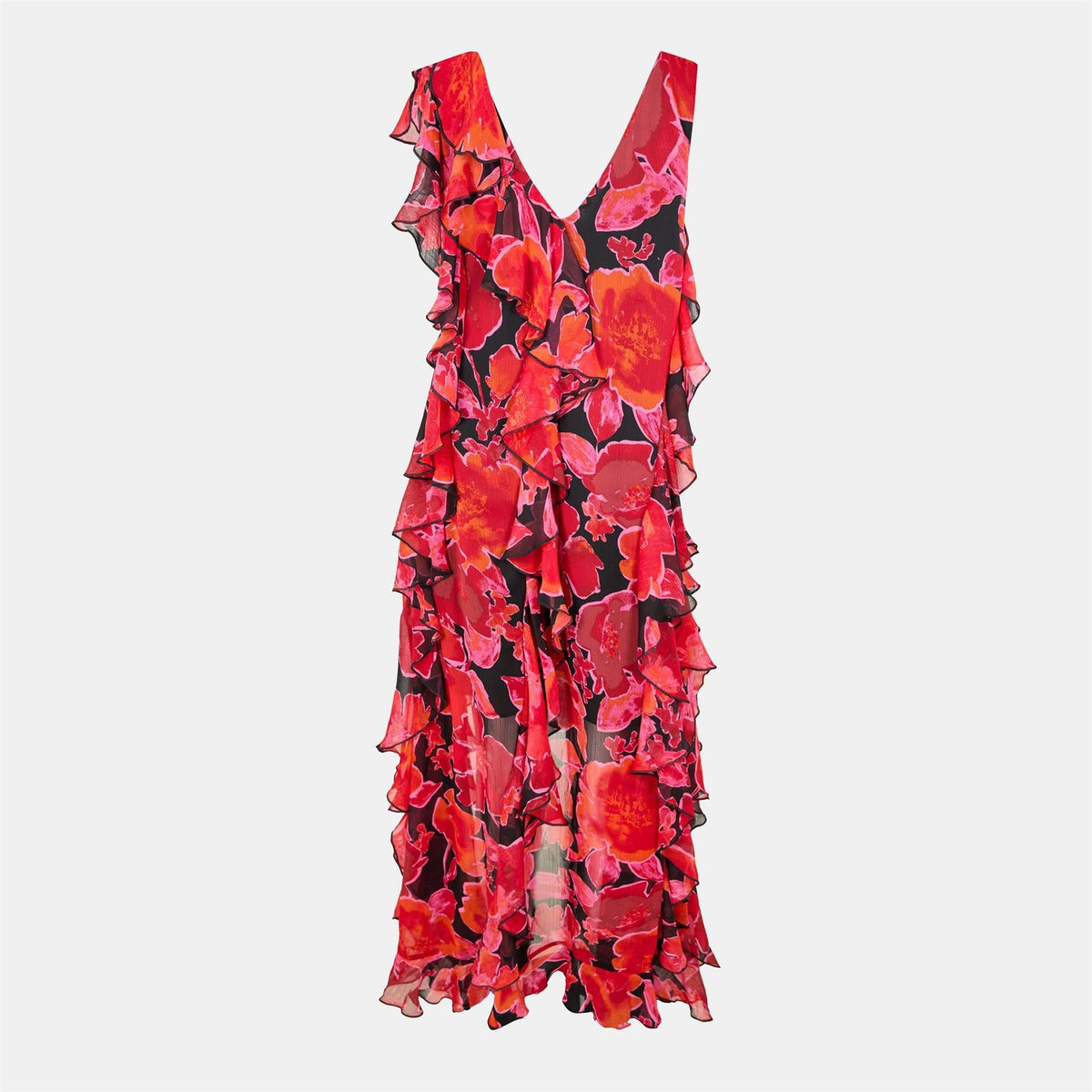 Biba Ruffle V-Neck Sleeveless Midi Dress