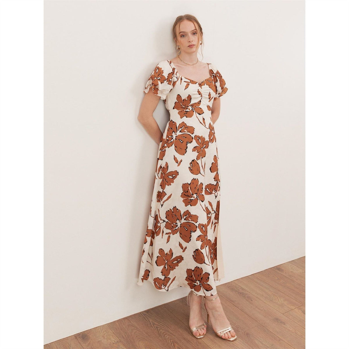 Lovedrobe Textured Floral Midaxi Dress With Ruched Front