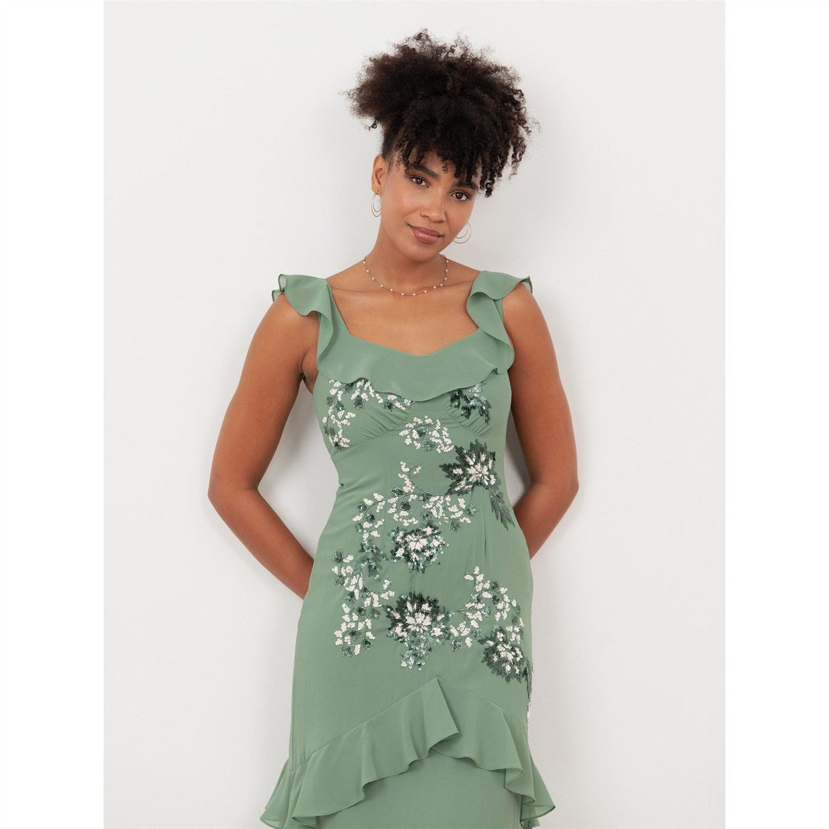 Maya Deluxe Dark Sage Green Embellished Ruffled Maxi Dress With Keyhole Back