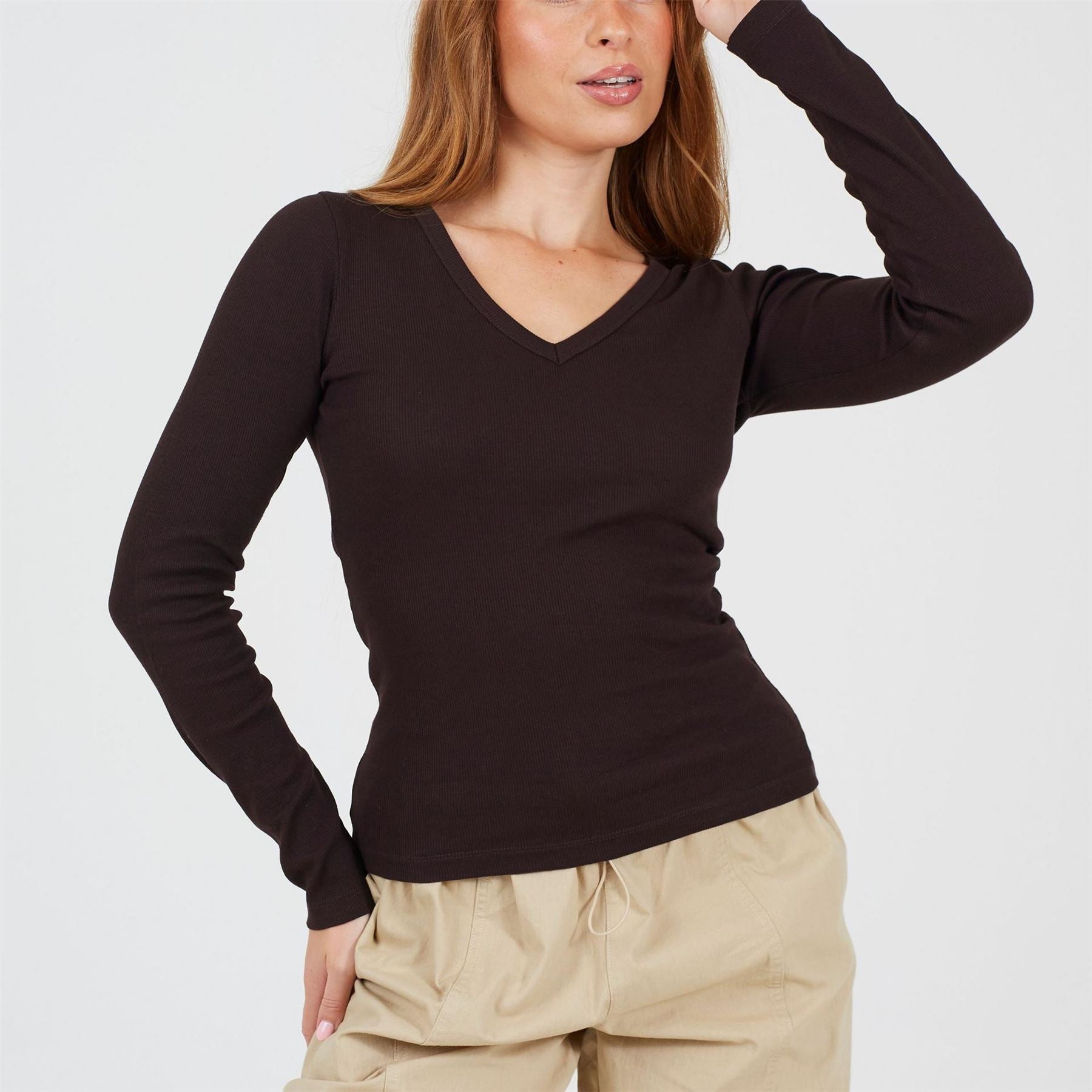 Brave Soul Womens Long Sleeve V Neck Ribbed Top