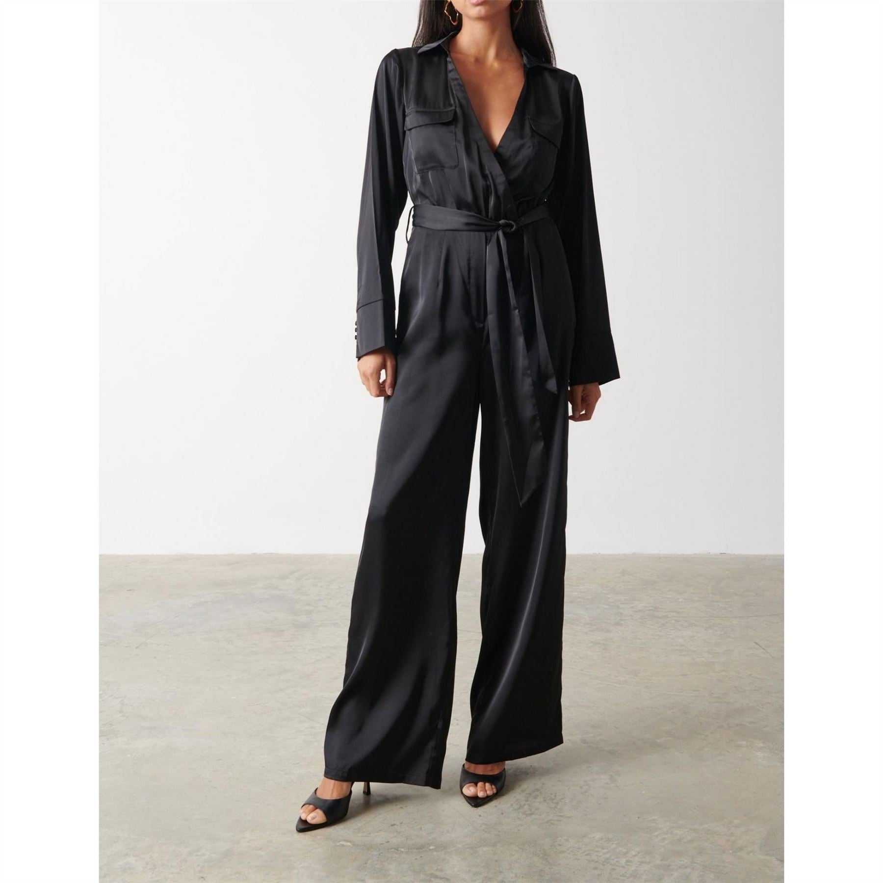 Pretty Lavish Carmen Collared Satin Long Sleeve Jumpsuit