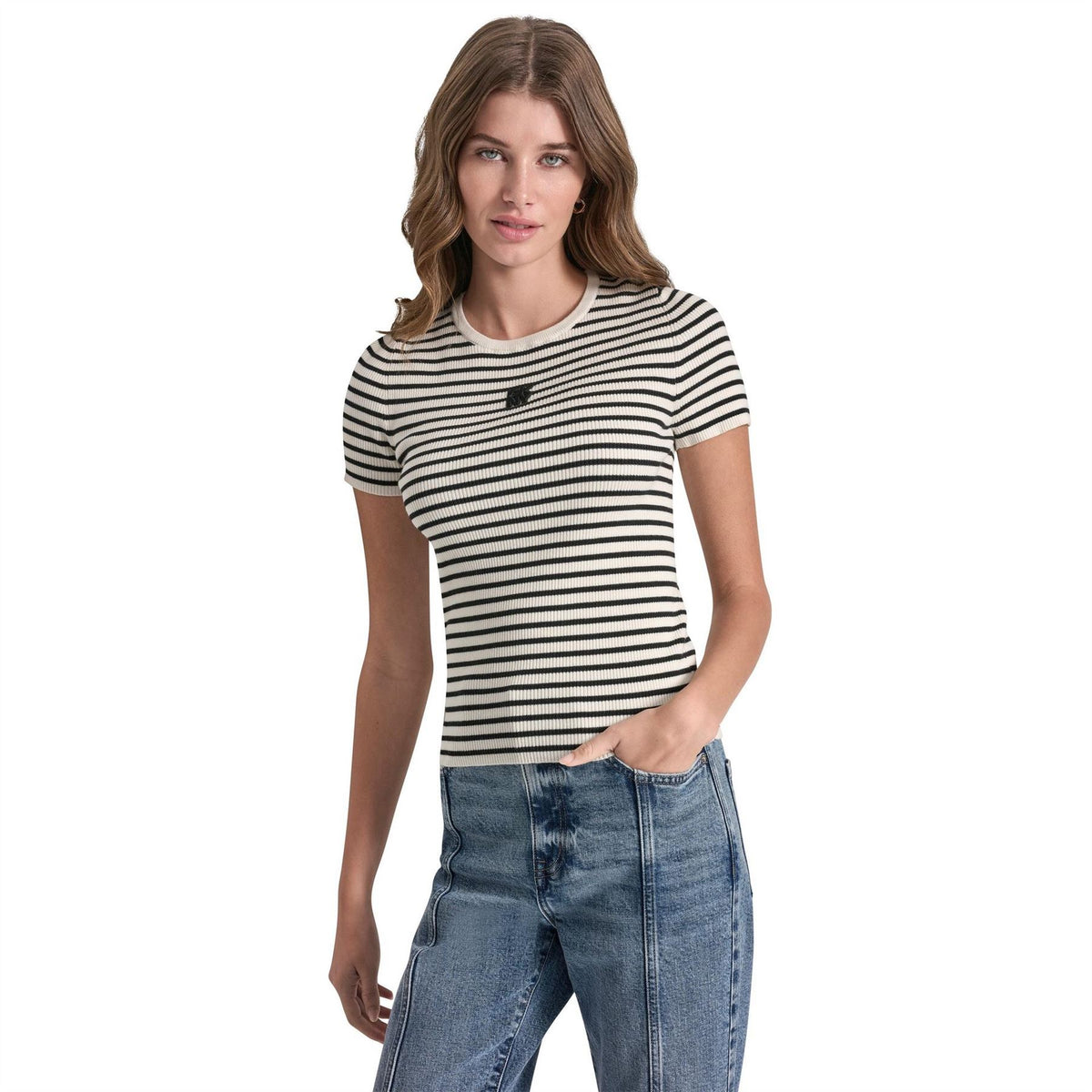 DKNY Jeans Crew Neck Striped Short Sleeve Rib Top