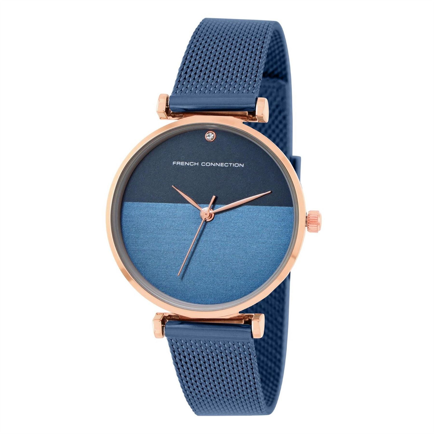 French Connection Connection Rose Case Round Shape Blue Strap Quartz Watch
