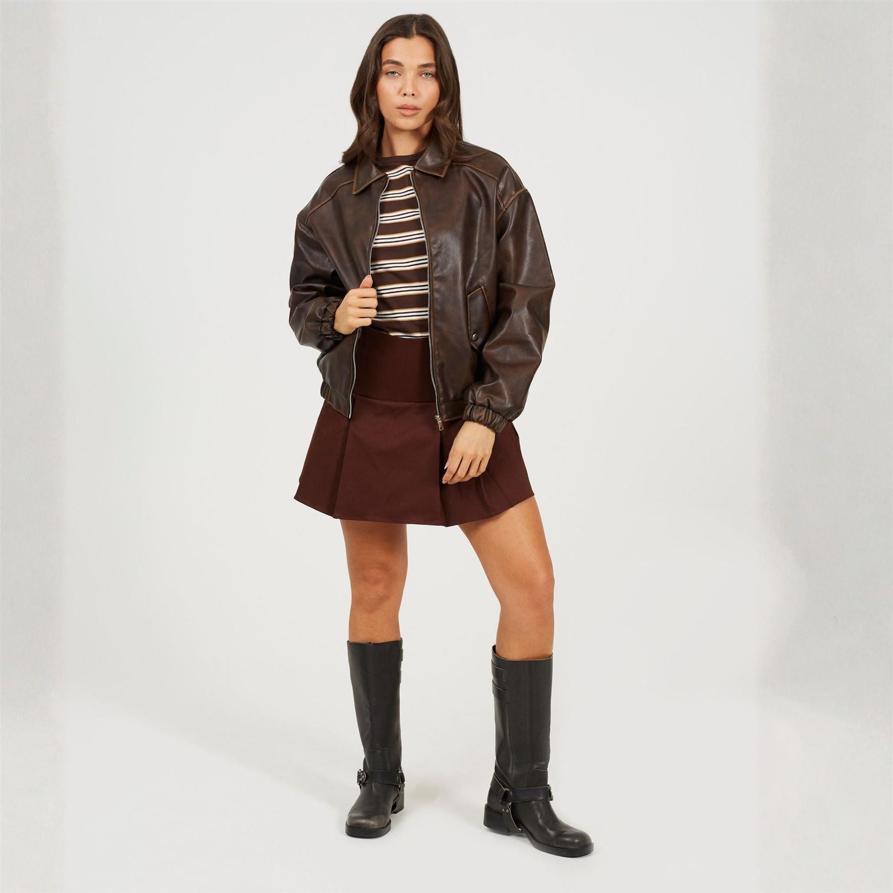 Brave Soul Womens Vintage Finish Faux Leather Bomber With Collar