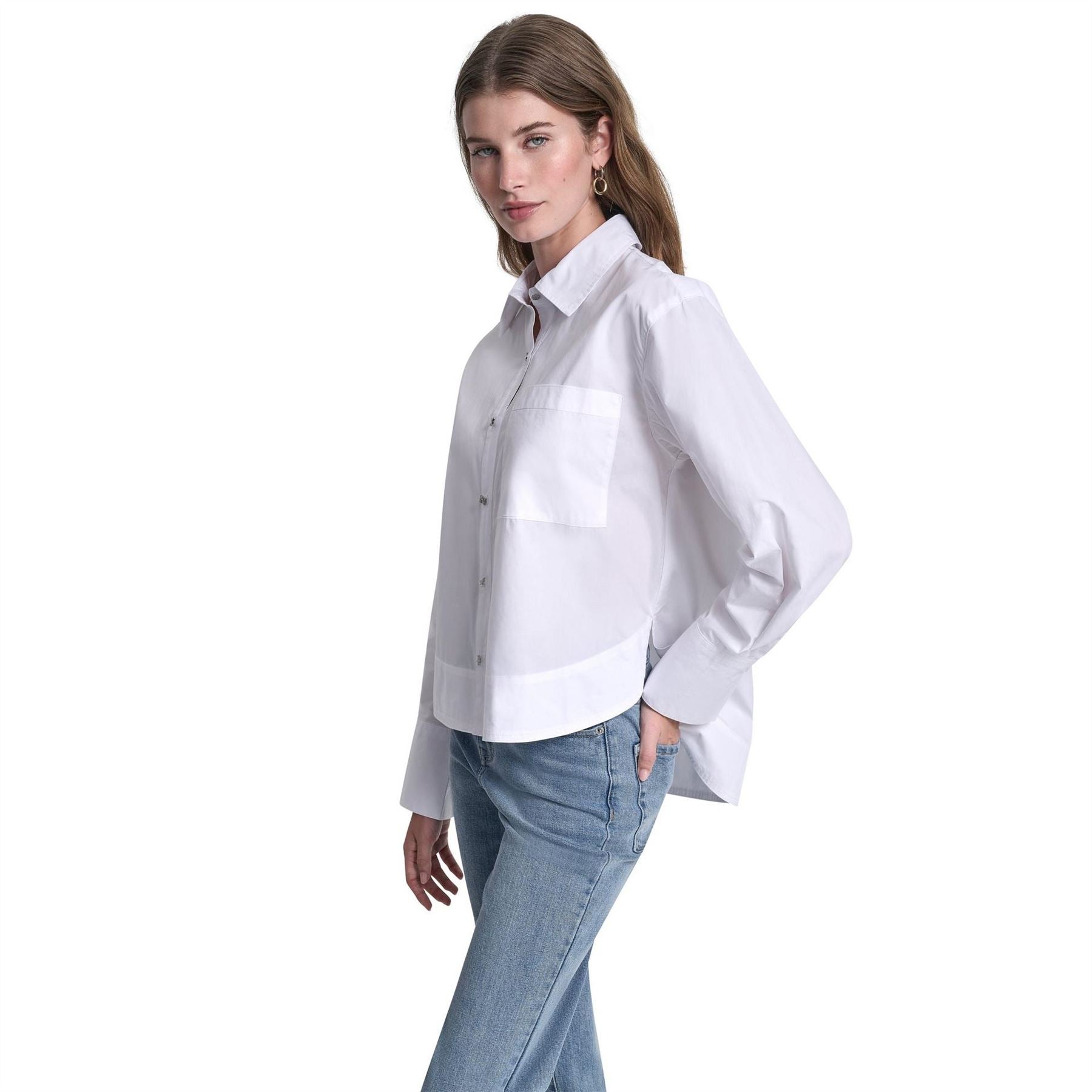 DKNY Jeans Poplin Shirt W  Rhinestone Buttons  And  Stepped Hem