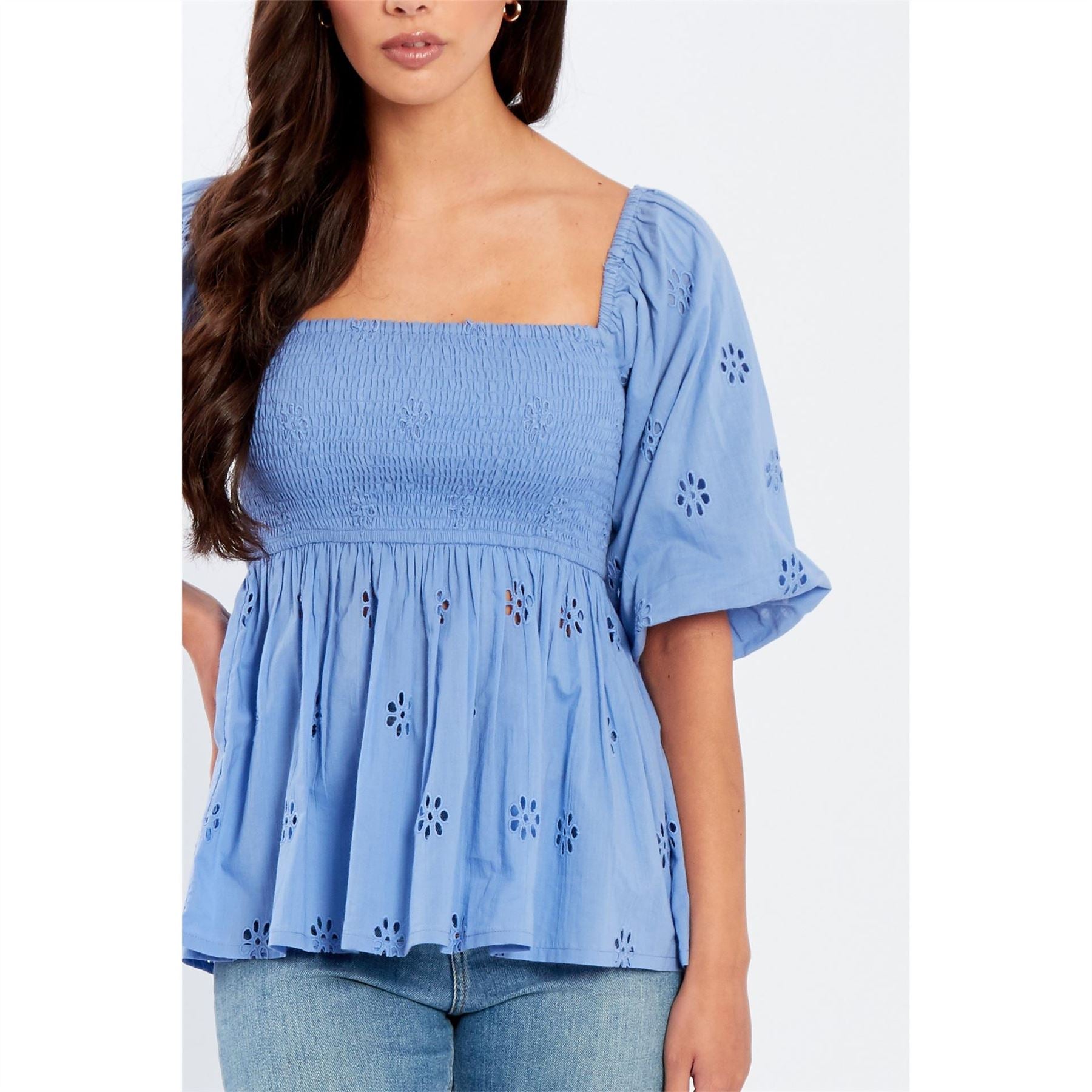 Be You Broderie Square Neck Short Sleeve Blouse