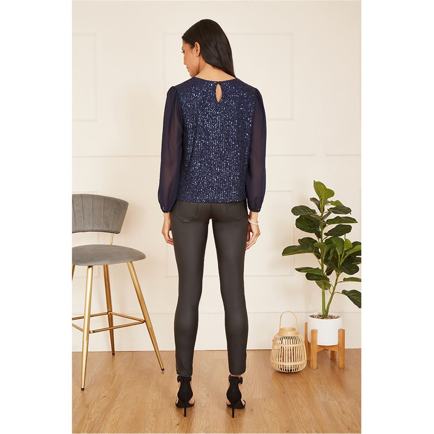 Yumi Sequin Top With Sheer Sleeves