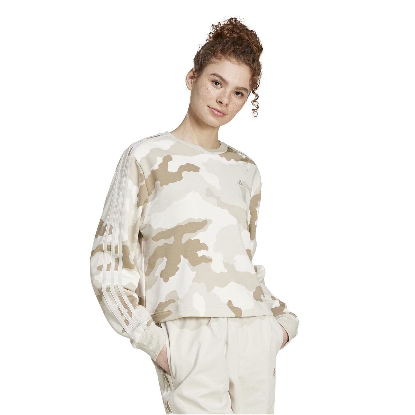 adidas Womens Essentials 3 Stripes Camo Print Cropped Sweatshirt