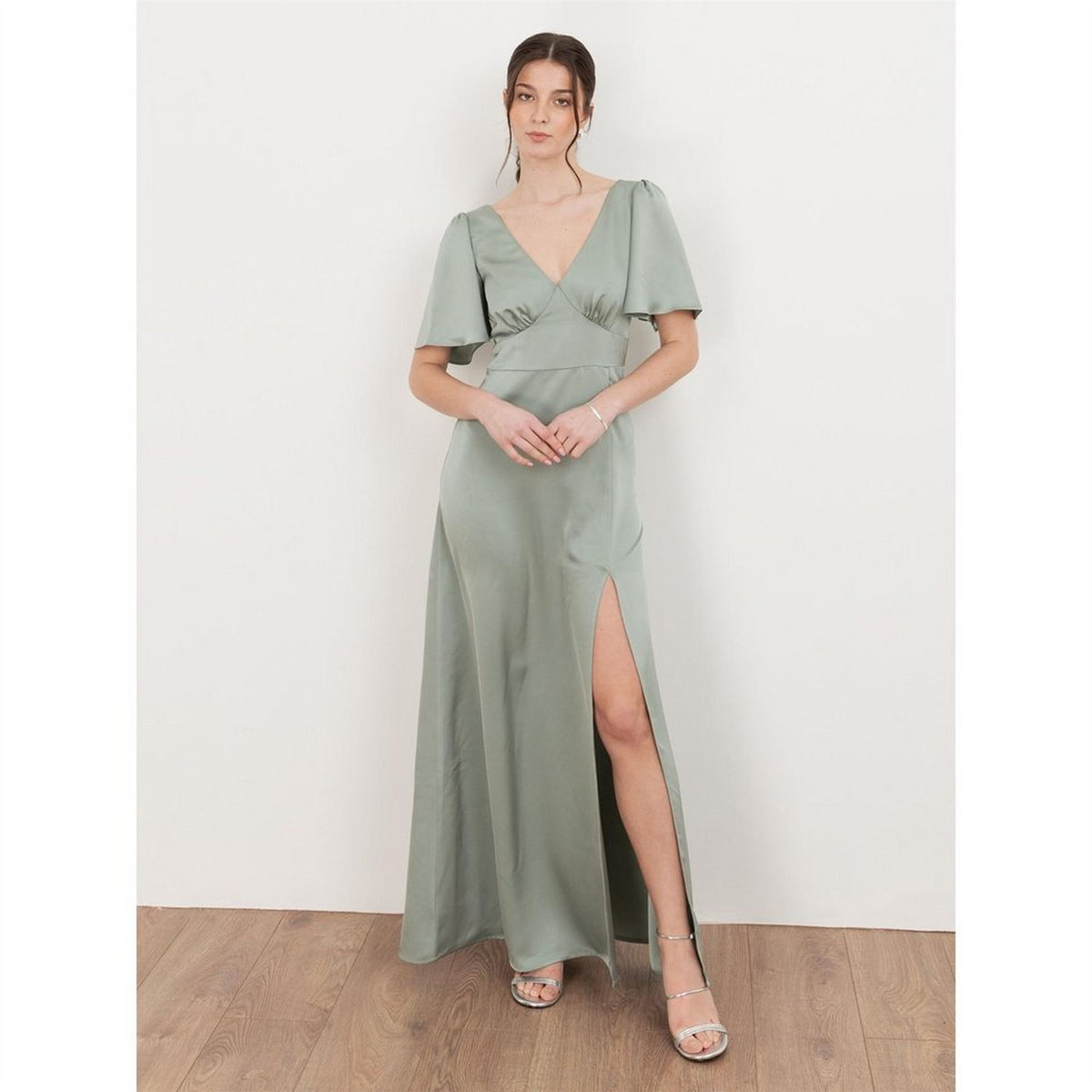 Maya Deluxe Angel Sleeve Satin Bridesmaid Maxi Dress With Split