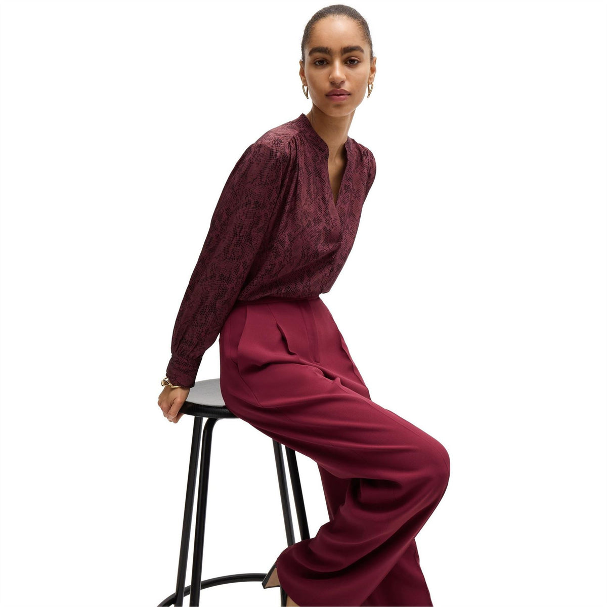 Boss Notched Neck Band Collar Long Sleeve Blouse
