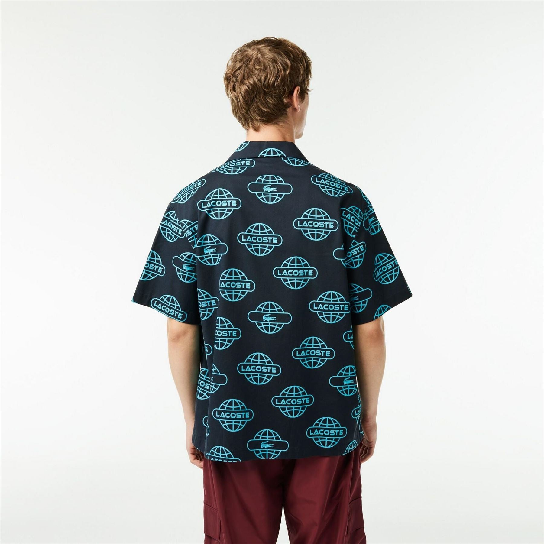 Lacoste Globe Print Cotton Twill Short Sleeve Patterned Shirt
