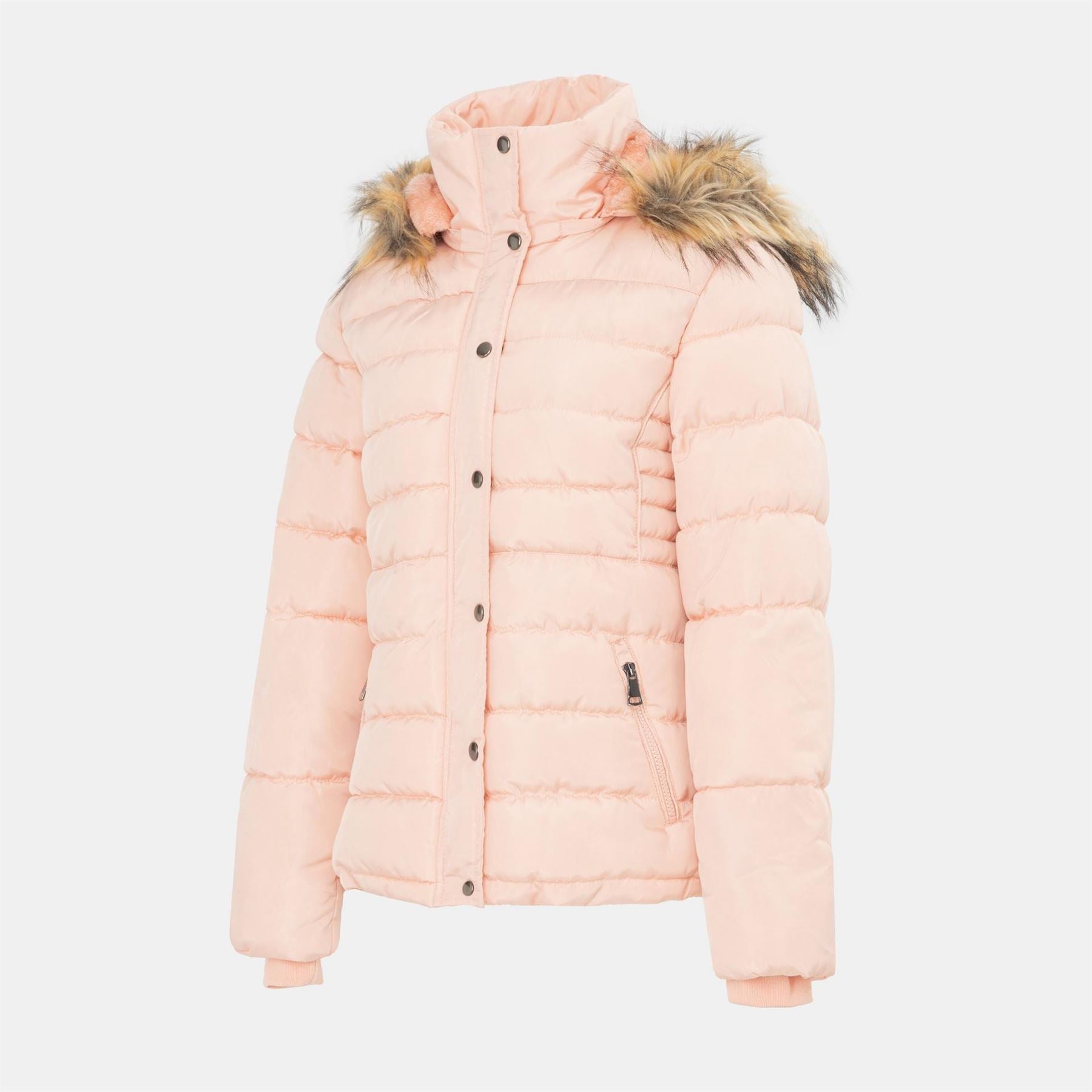 I Saw It First Solid Patterned Hooded Snap Button Fur Trim Ribbed Cuff Parka Jacket