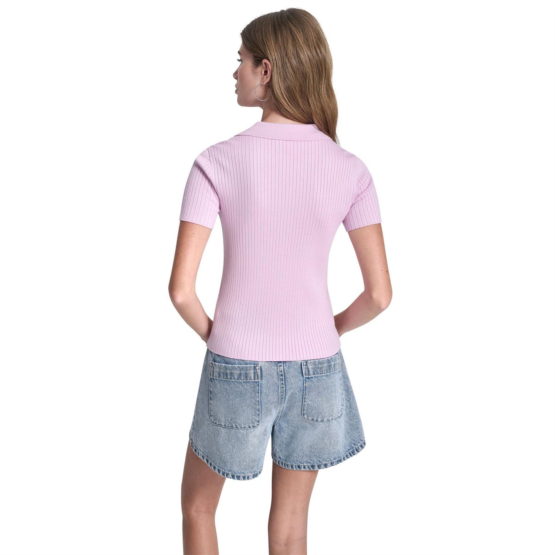 DKNY Jeans Short Sleeve Rib Polo W  Logo Rhinestone Buttons