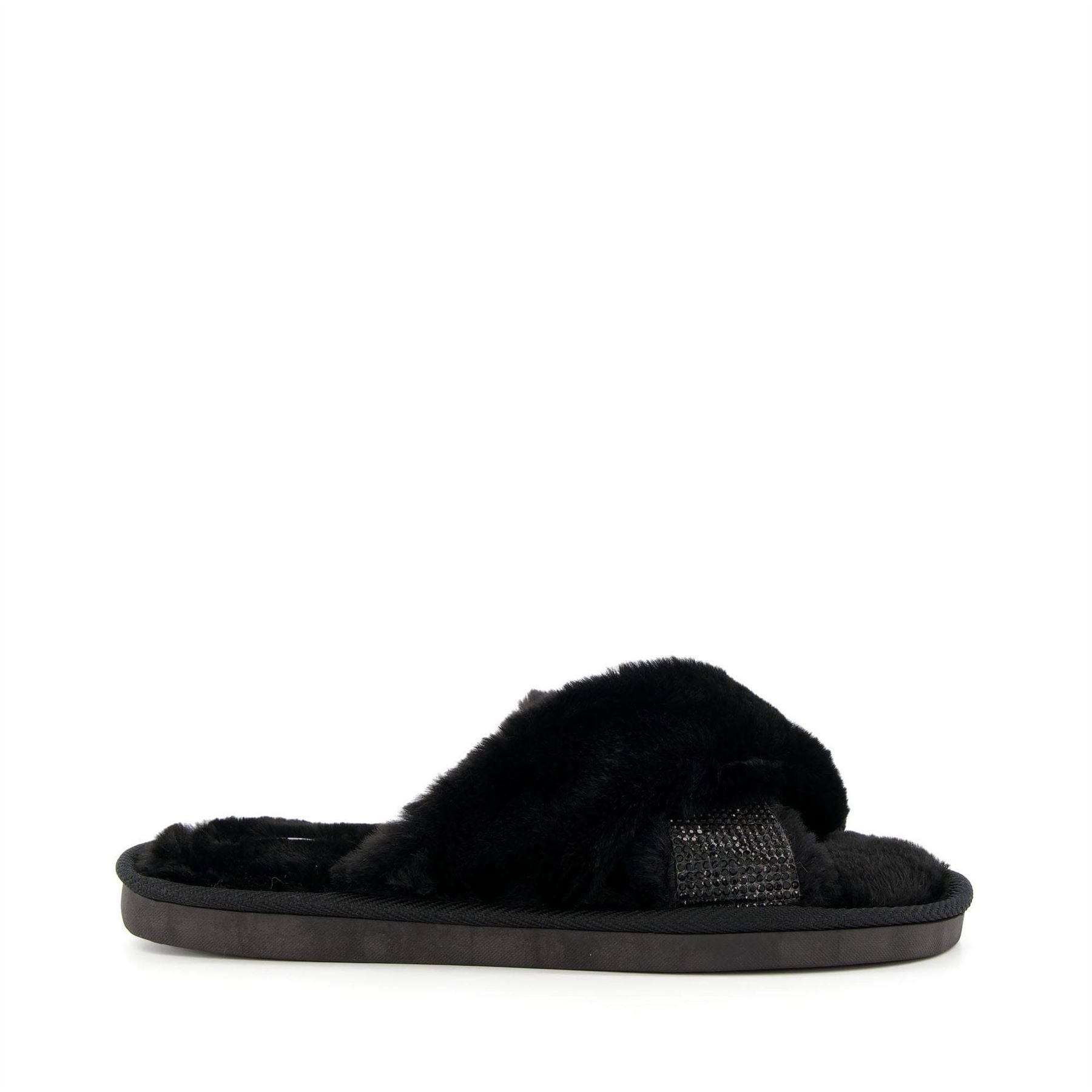 Dune London Diamante Cross Strap Faux Fur Slippers
