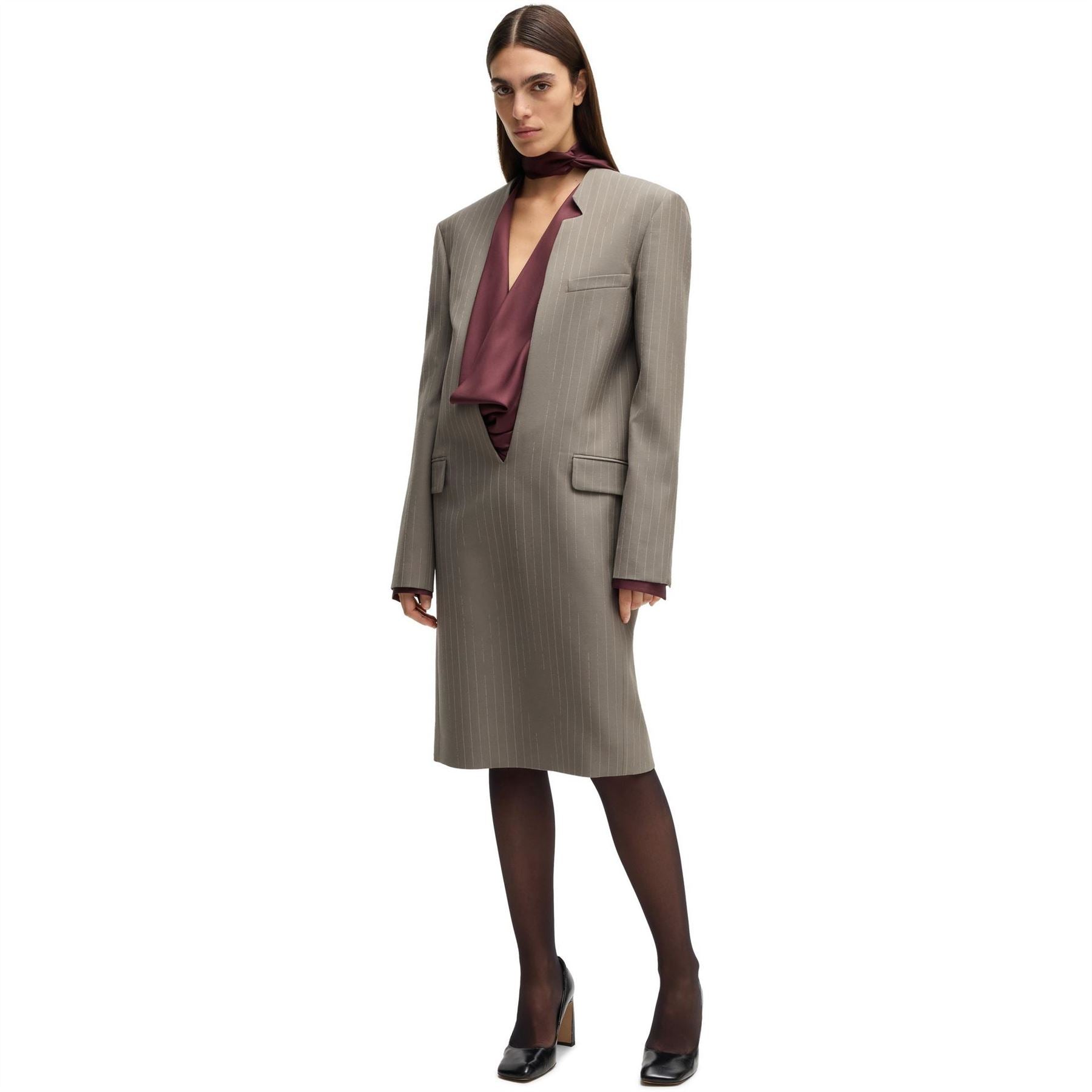 Boss Davee Plunging Neck Long Sleeve Knee Length Dress