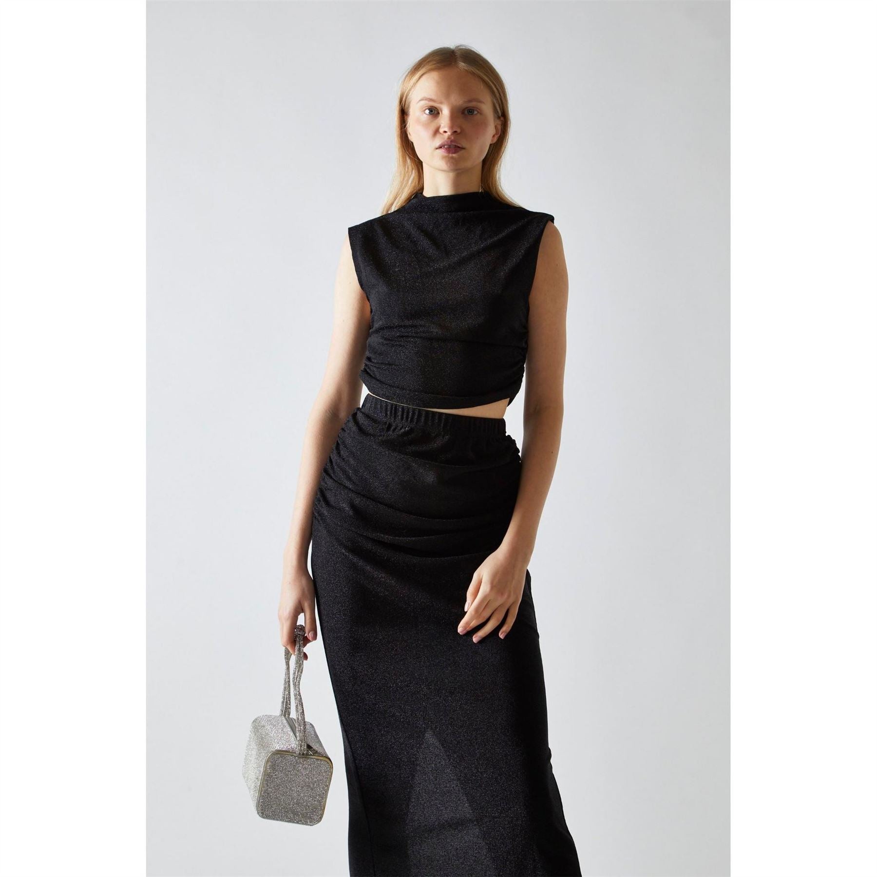 Glamorous Black Glitter High Neck Crop Top