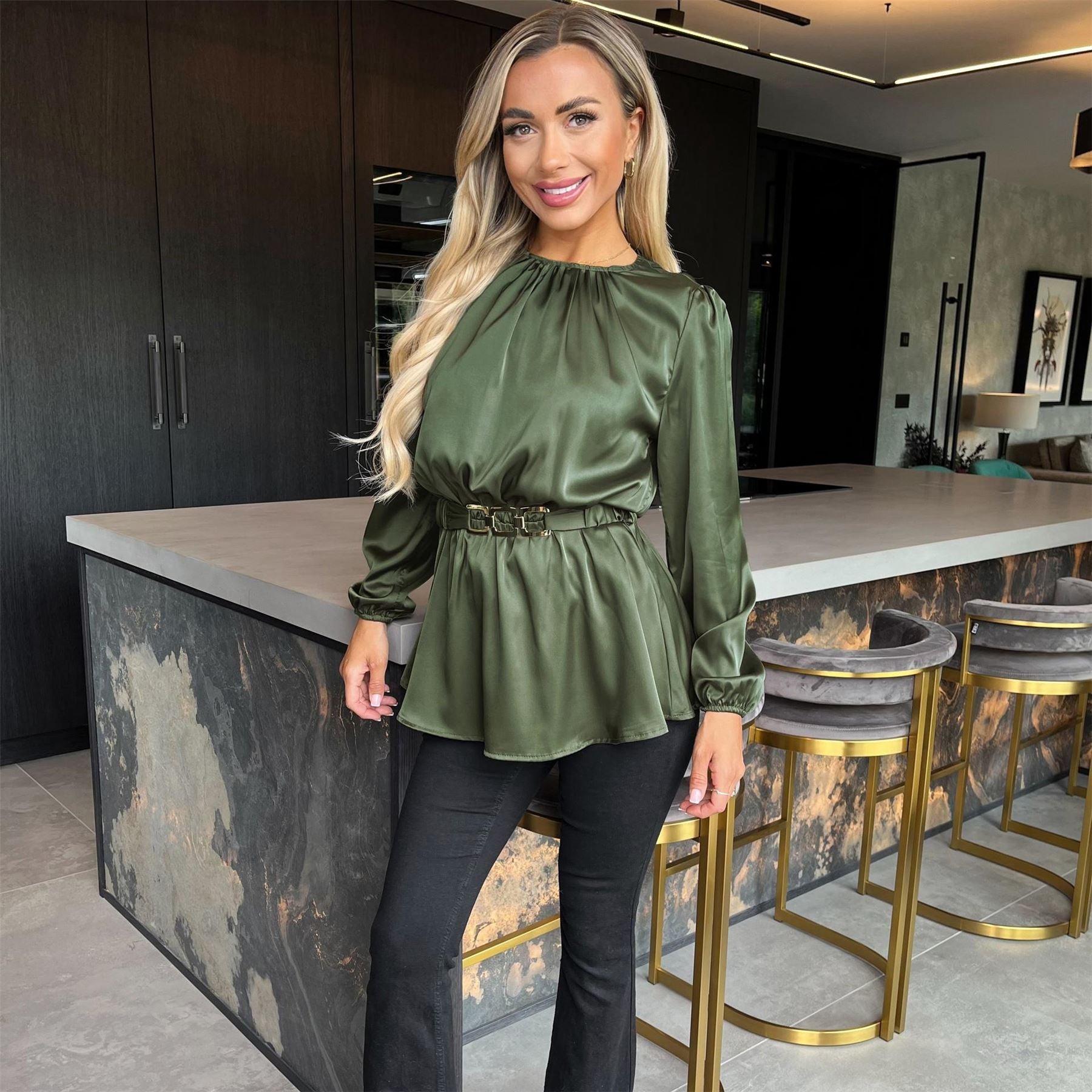 AX Paris Long Sleeve Gold Detail Belt Top