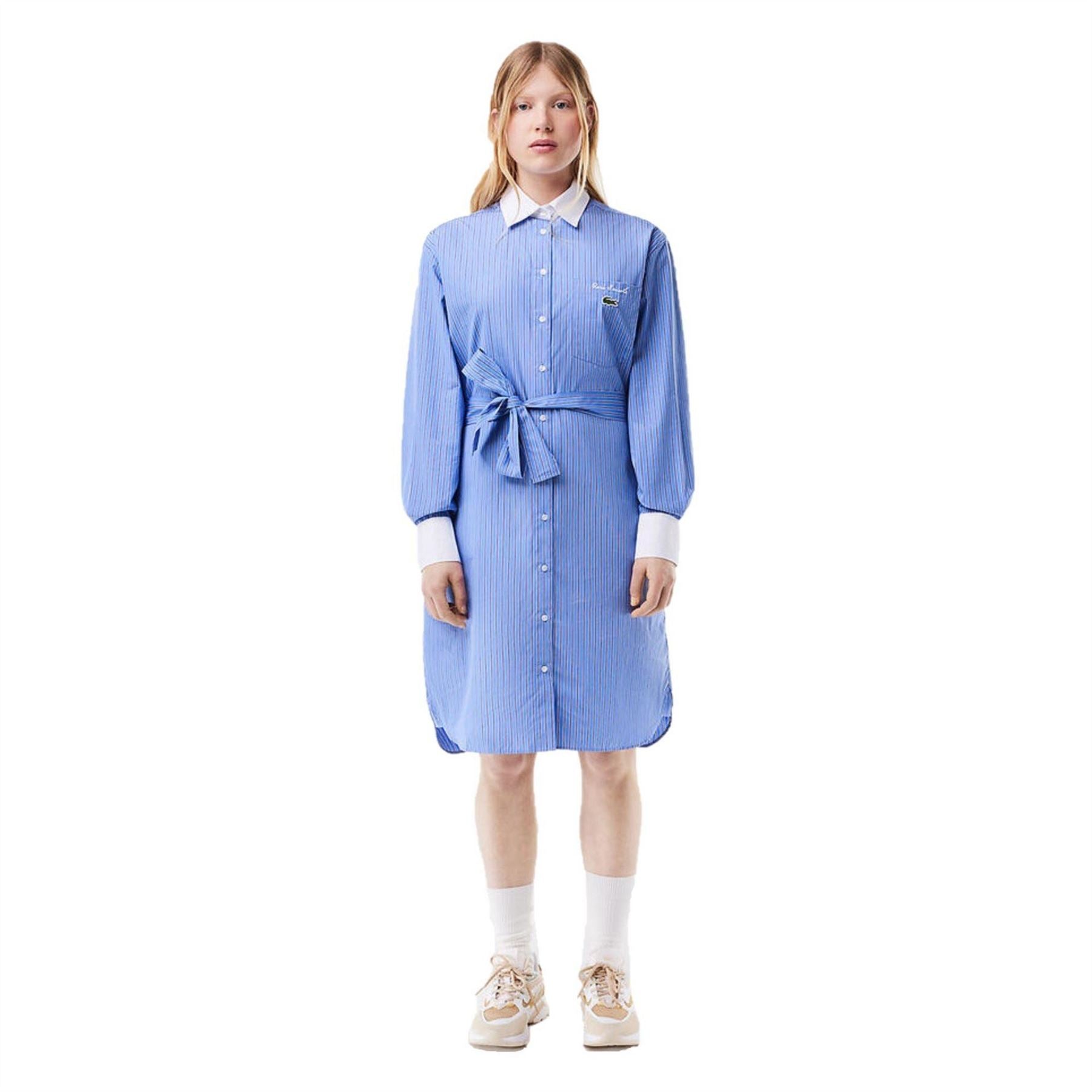 Lacoste Strip Poplin Collared Neck Knee Length Dress