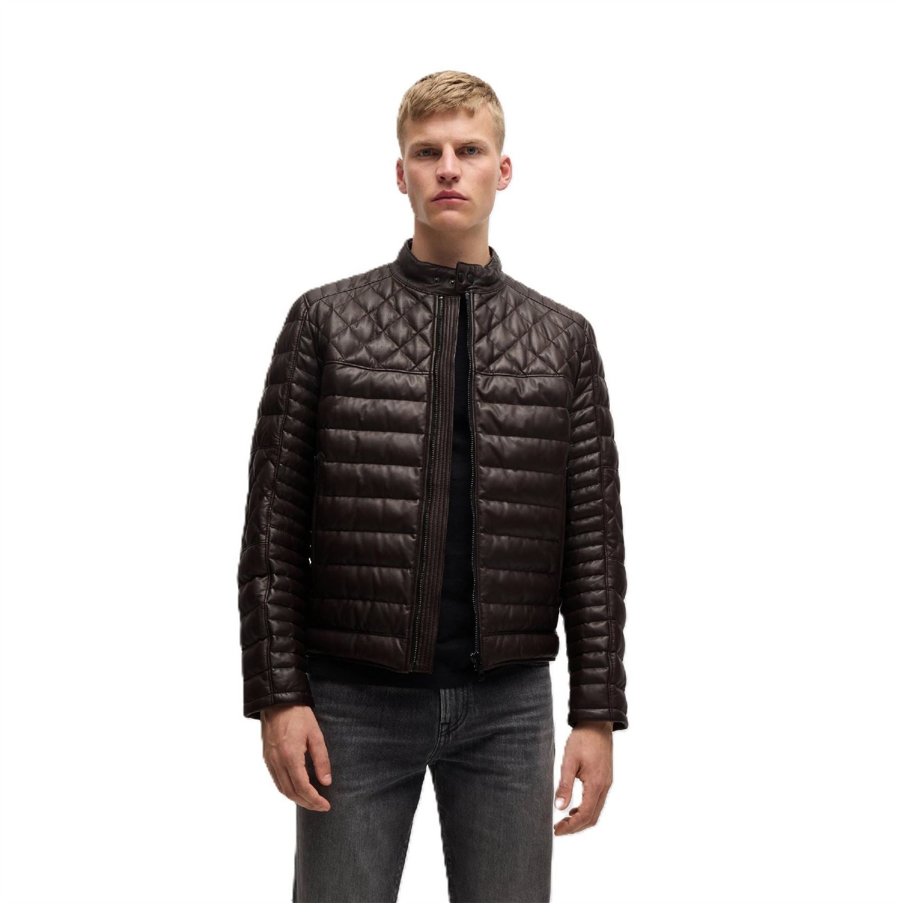 Boss Solid Patterned Snap Button Zipped Pocket Puffer Coat