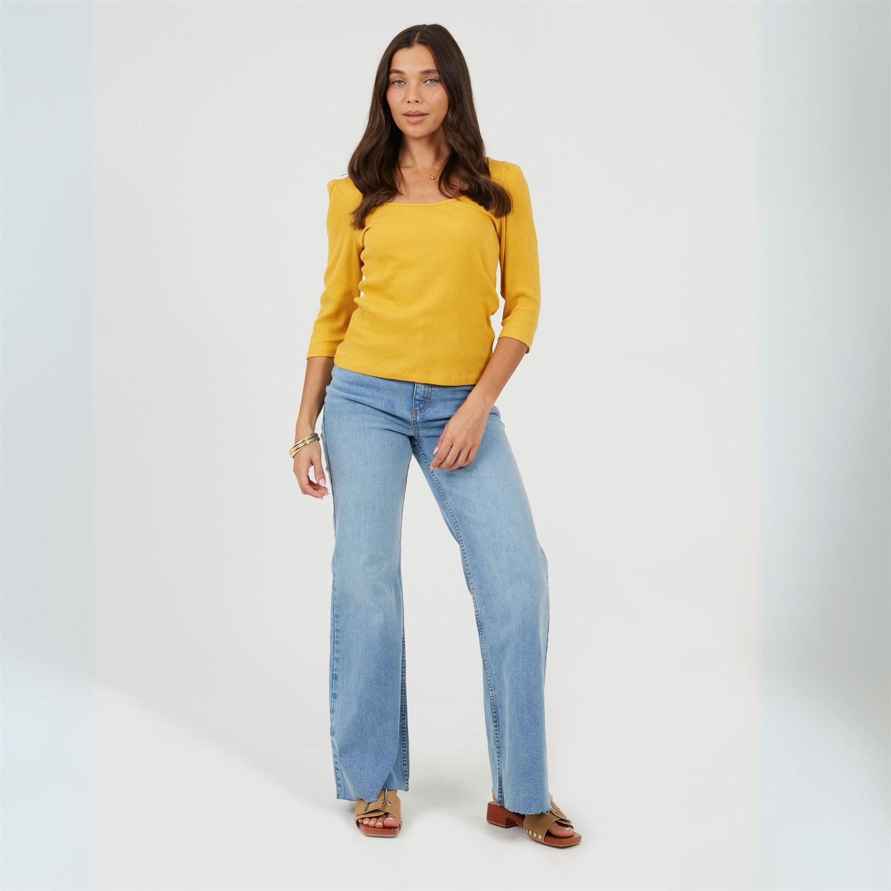 Brave Soul Square Neck Puff Sleeve Three Quarter T-Shirt