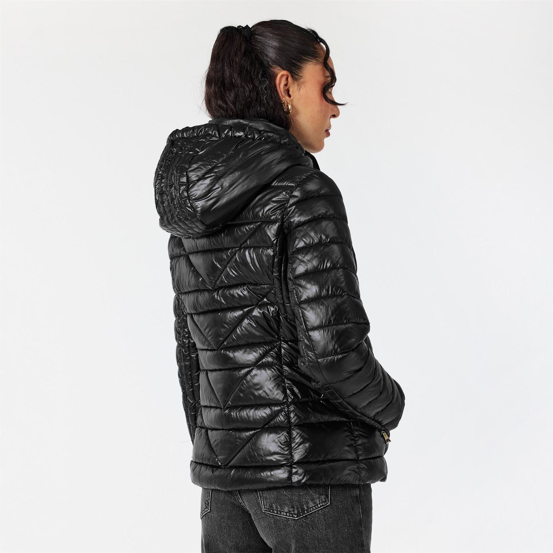 Karl Lagerfeld Solid Patterned Hooded Zipped Pocket Puffer Jacket