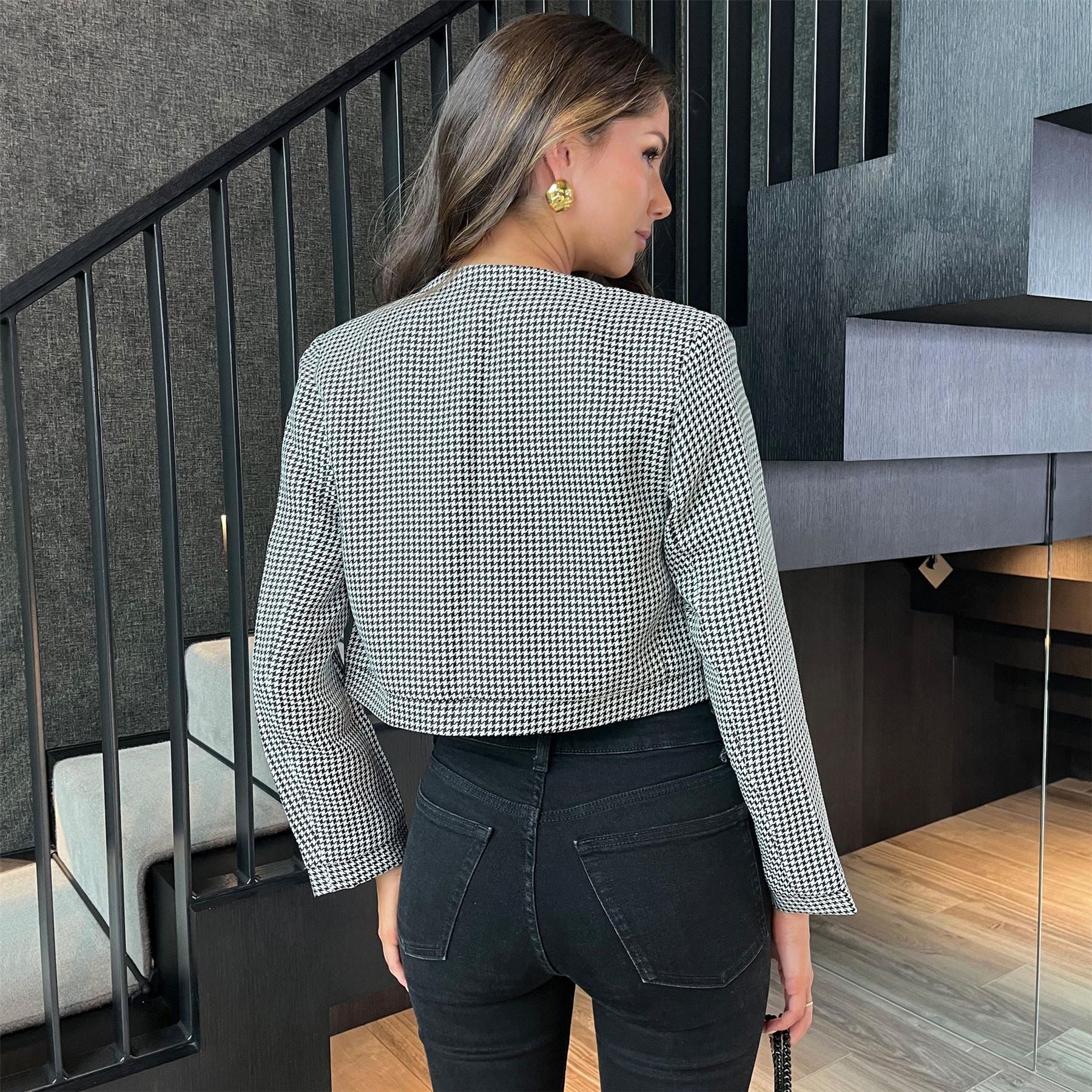 AX Paris And White Houndstooth Double Breasted Cropped Jacket