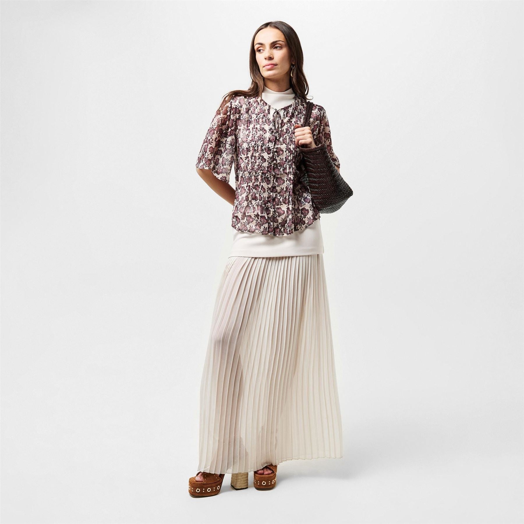 French Connection Elyse Relaxed Fit Puff Sleeve Tie Neck Blouse