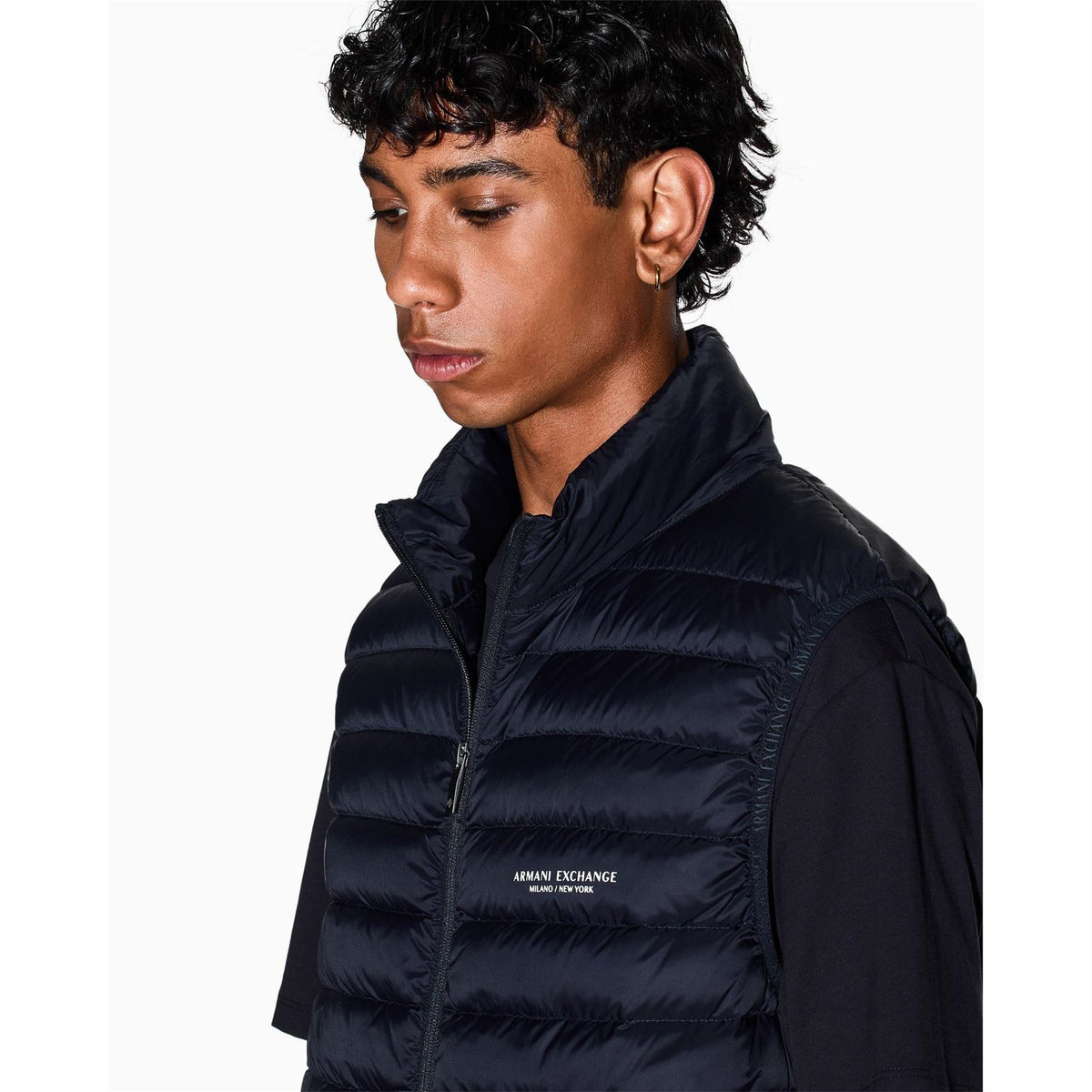 Armani Exchange Horizontal Stripe Two-Way Zipper Waist Coat with Printed Logo