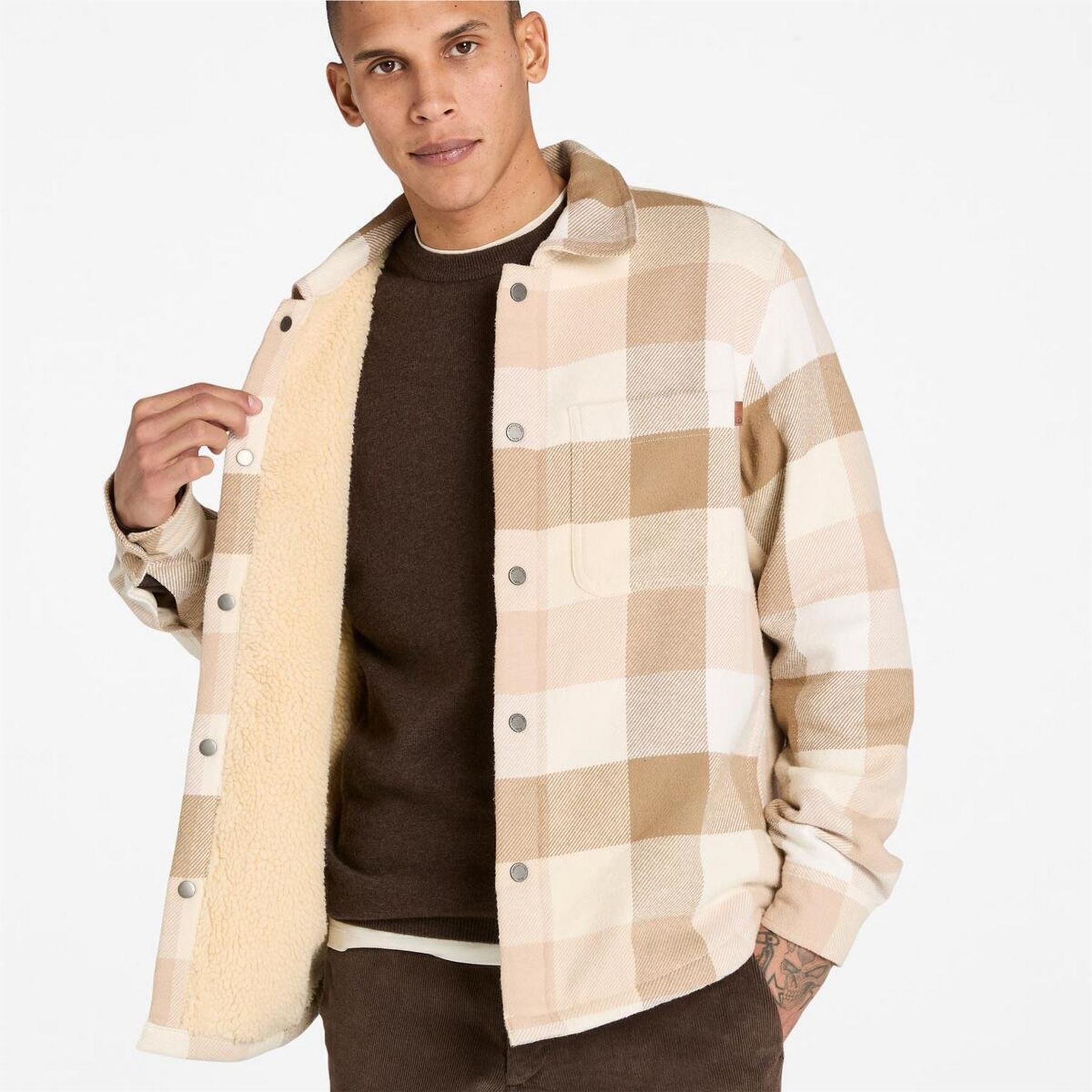 Timberland Sherpa Plaid Snap Button Chest Pocket Shirt Jacket