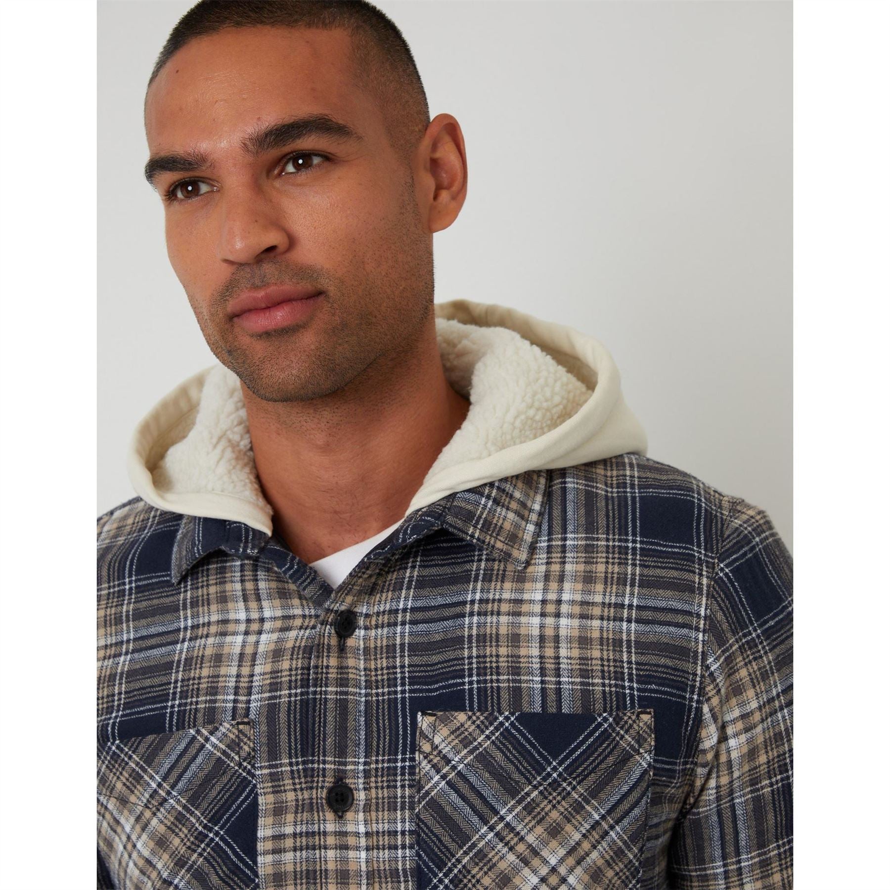 Threadbare Scotch Plaid Patterned Hooded Shirt Jacket with Chest Pocket