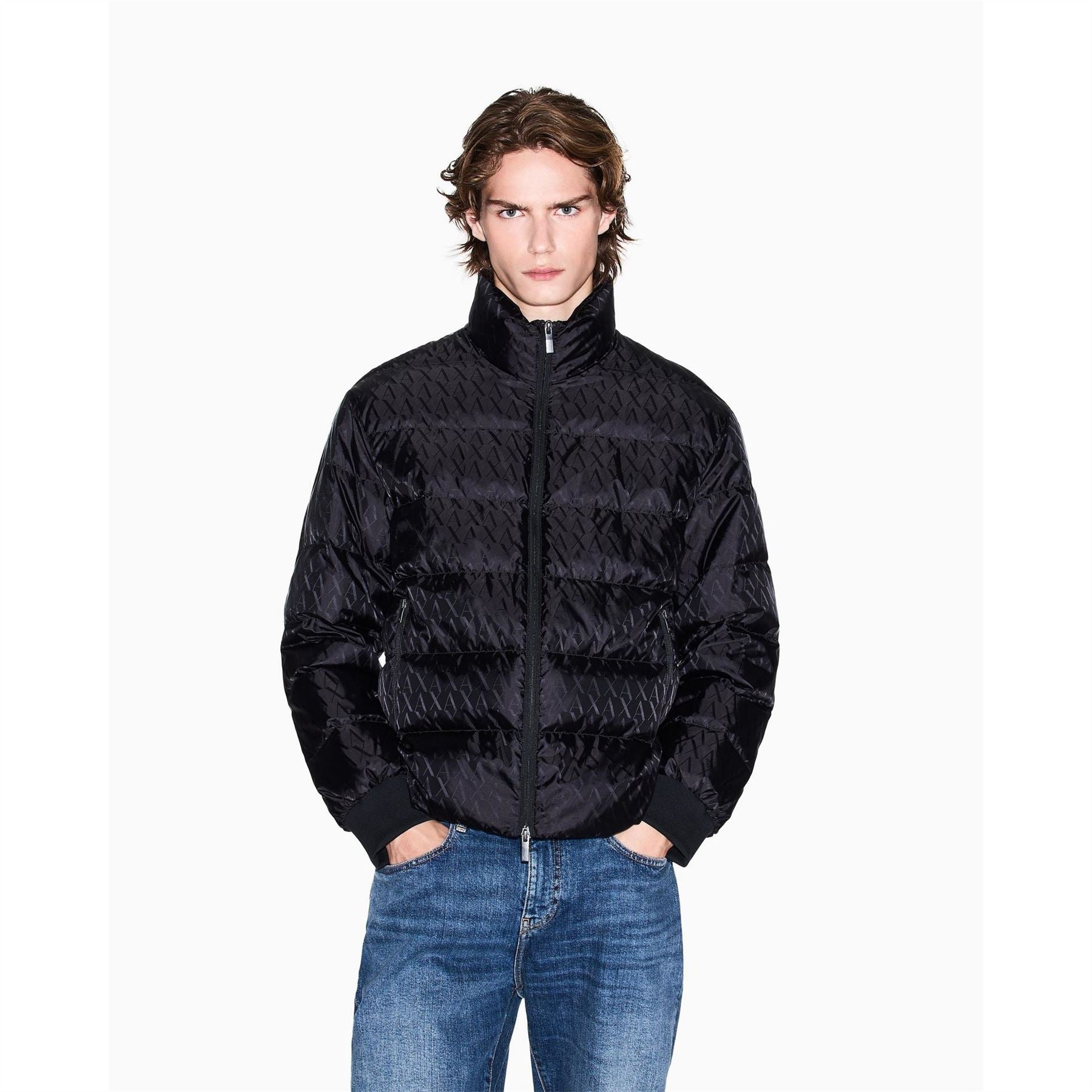 Armani Exchange Exchange Solid Patterned Ribbed Cuff Down Jacket