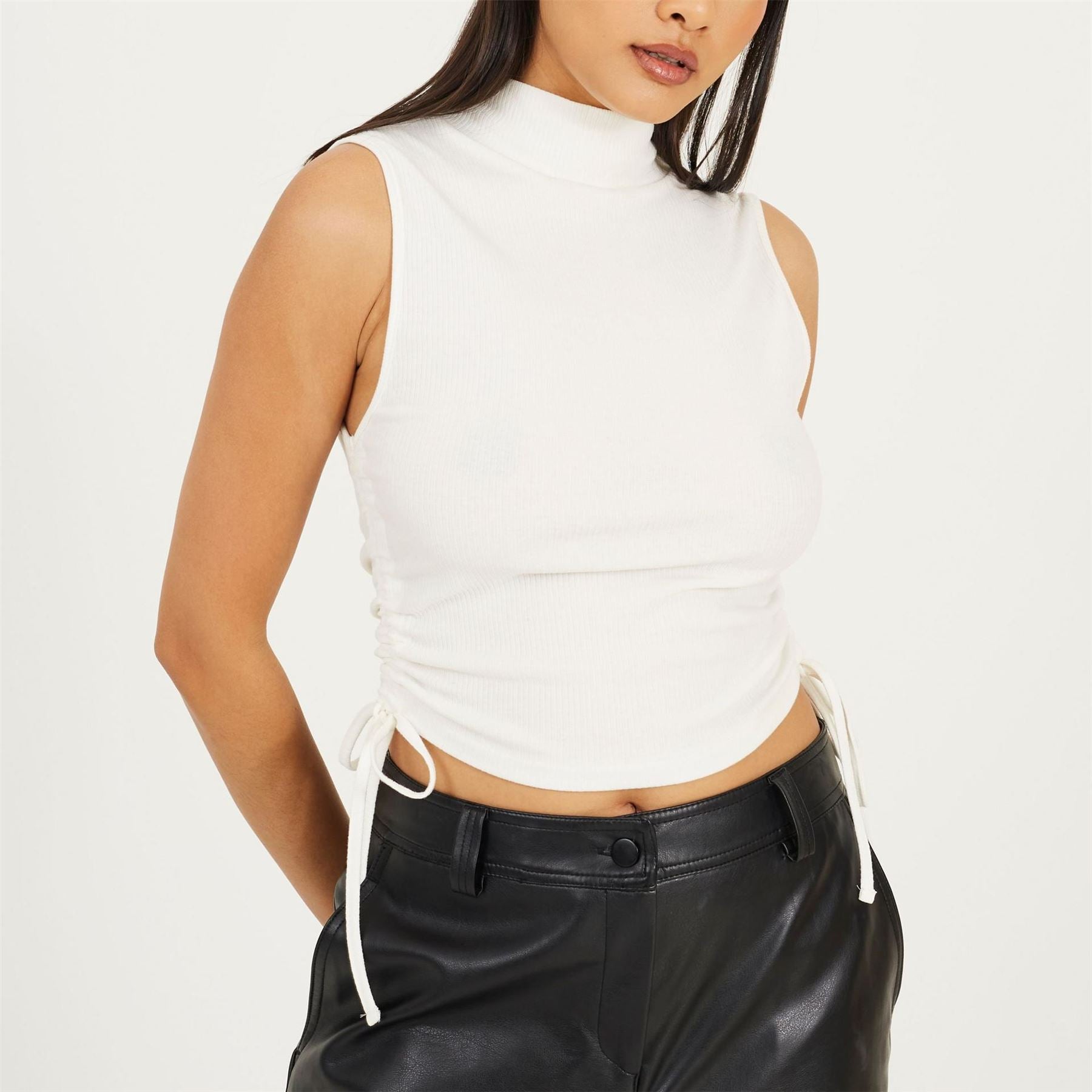Brave Soul Womens Sleeveless High Neck Top With Drawstring Side Detail.