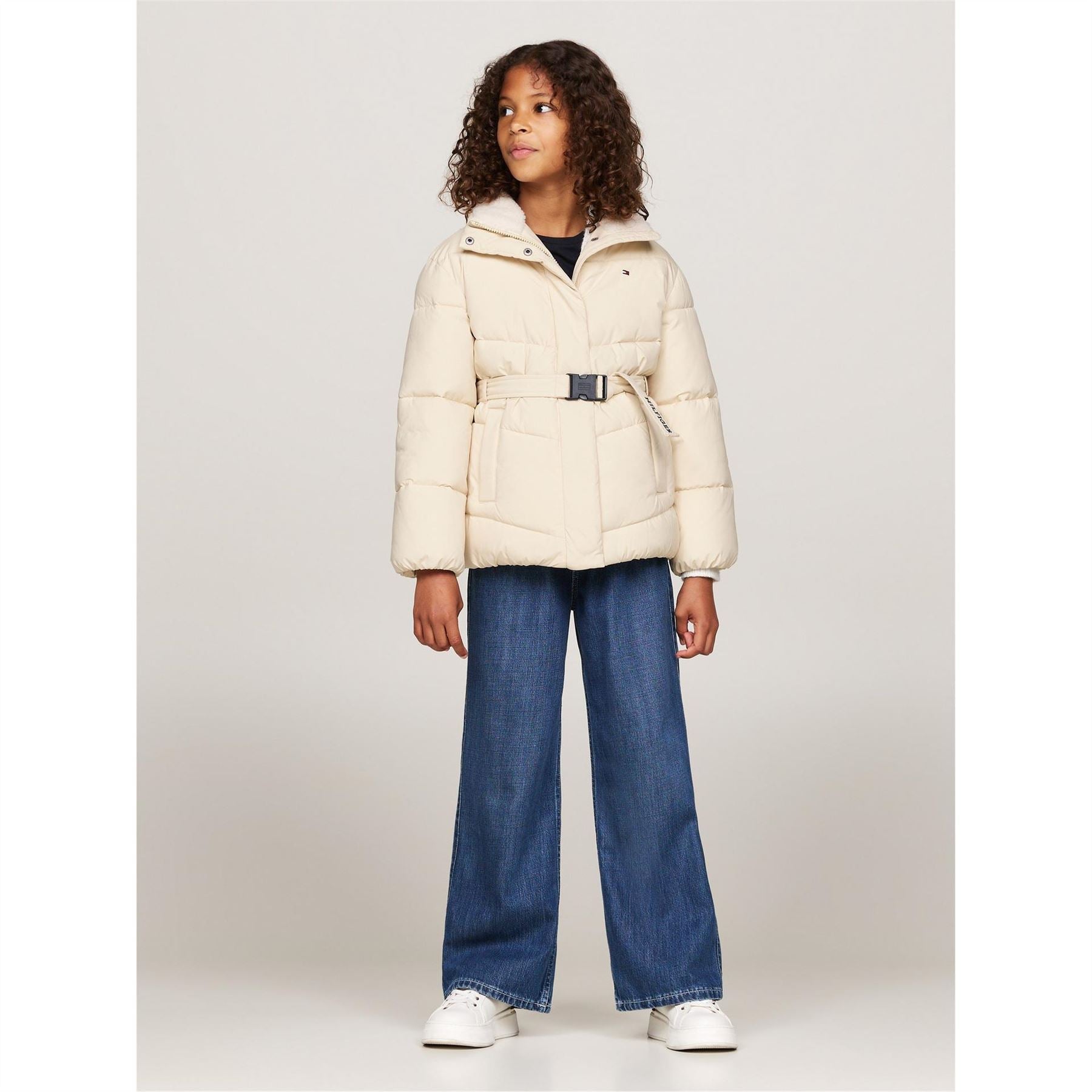 Tommy Hilfiger Teddy Collar Belted Wind Resistant Long Sleeve Oversized Fit Short Puffer Jacket
