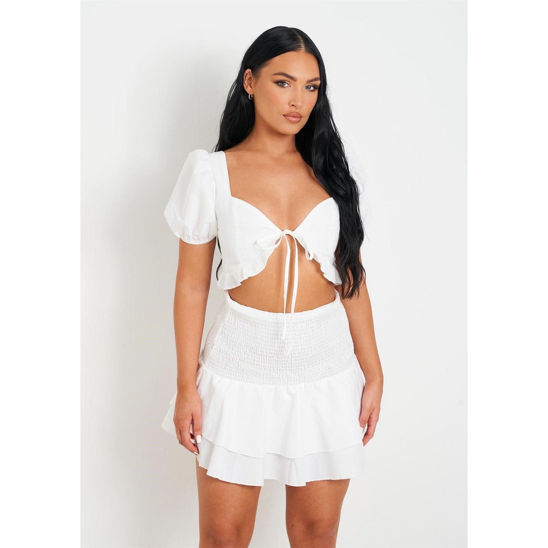 Missy Empire Shirred Back Tie Front Crop Top