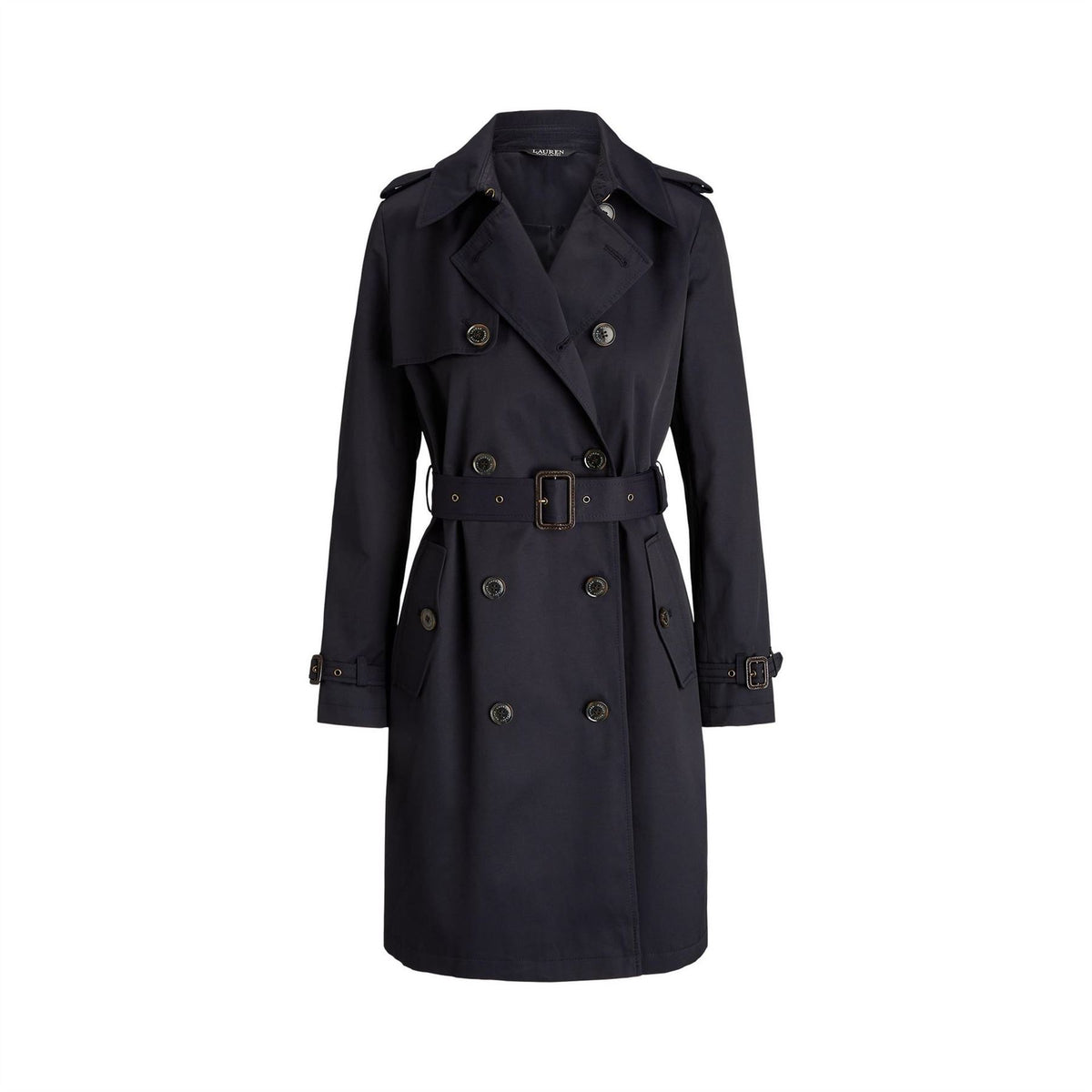 Lauren by Ralph Lauren Solid Patterned Trench Coat with Button Placket and Storm Flap