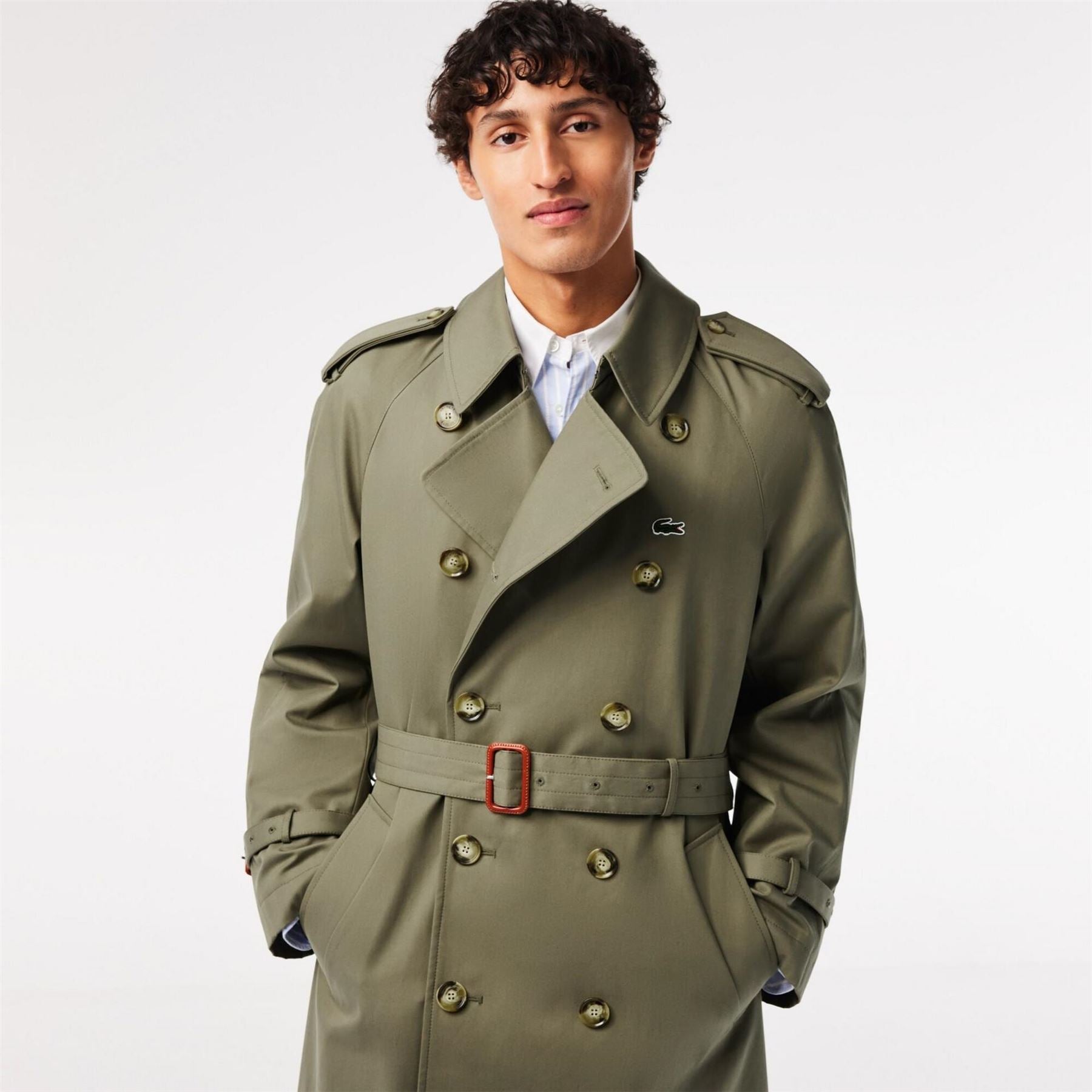 Lacoste Solid Patterned Trench Coat with Point Collar