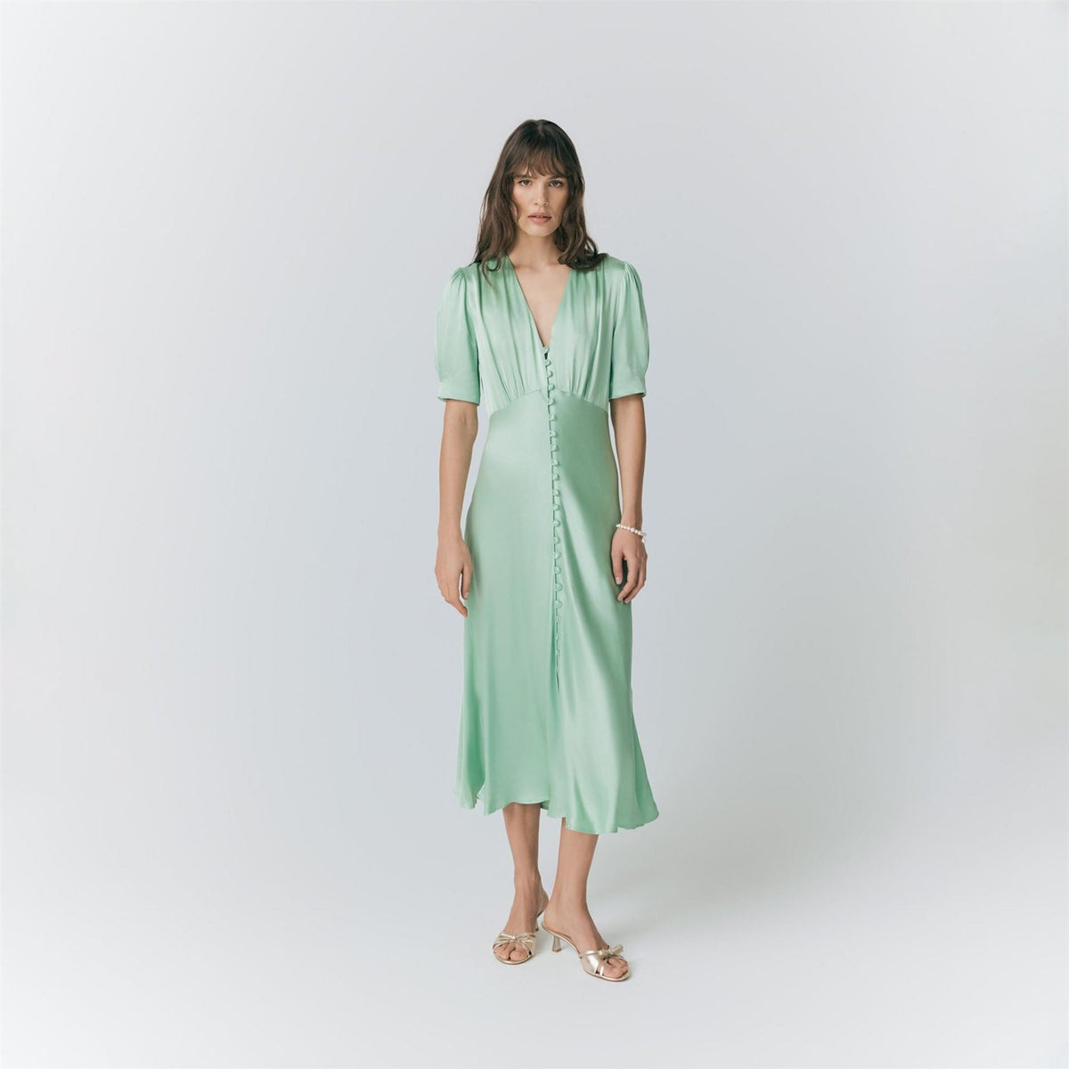 Ghost Satin V-Neck Midi Slip Dress