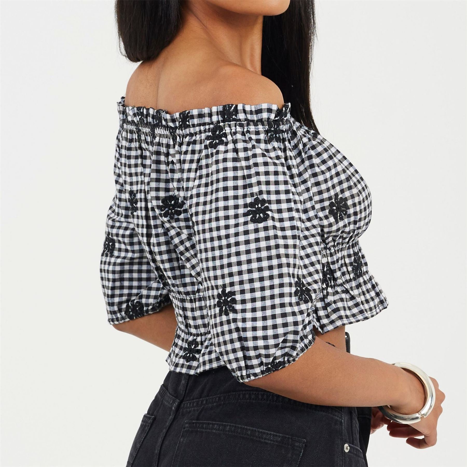 Brave Soul Womens Puff Sleeve Broderie Anglaise Top In Gingham