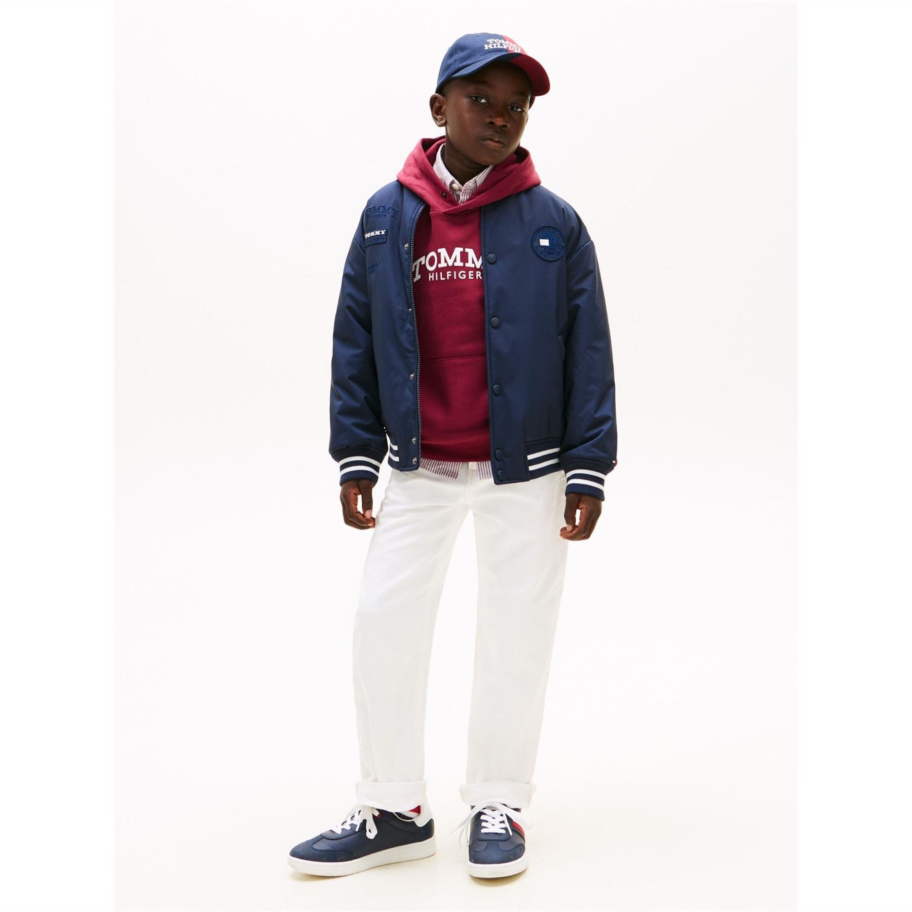 Tommy Hilfiger Bold Logo Snap Button Bomber Jacket with Ribbed Cuff